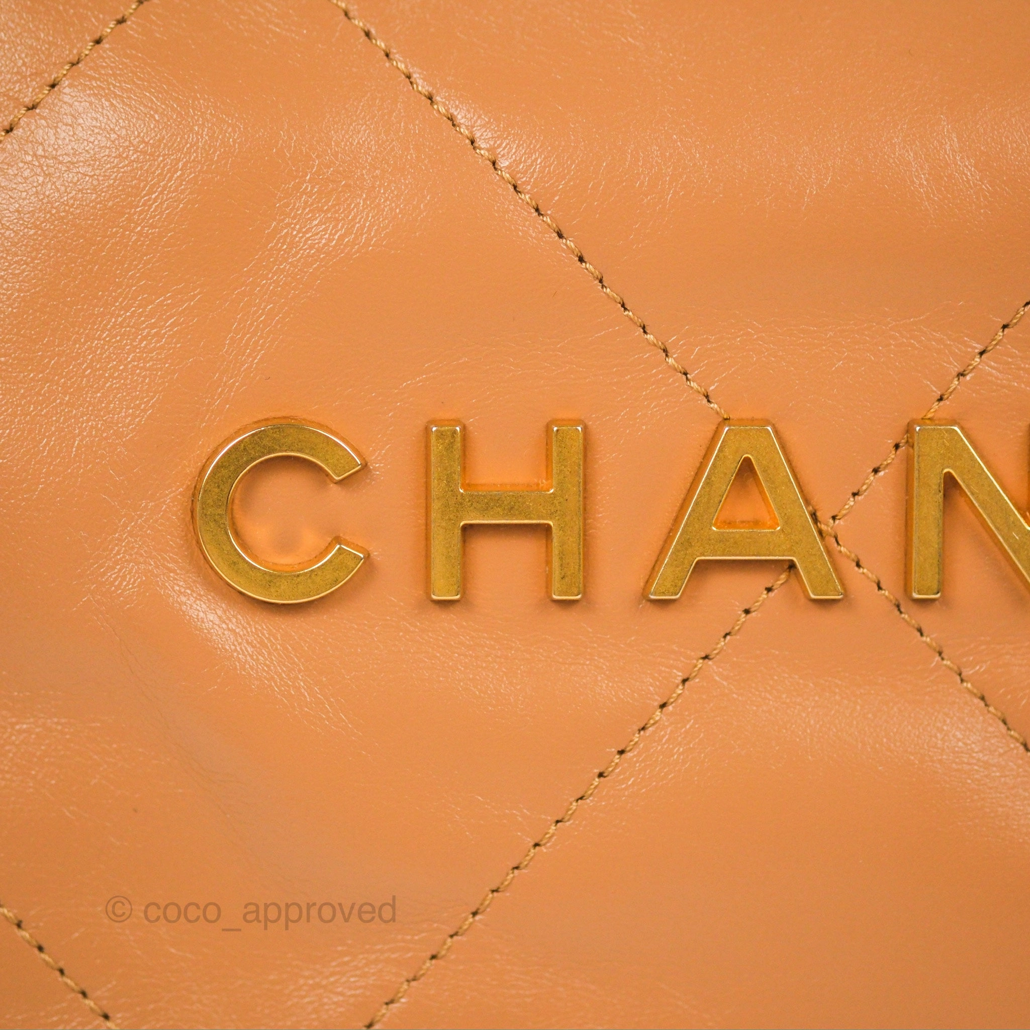 Chanel 22 Small Caramel Beige Shiny Calfskin Aged Gold Hardware