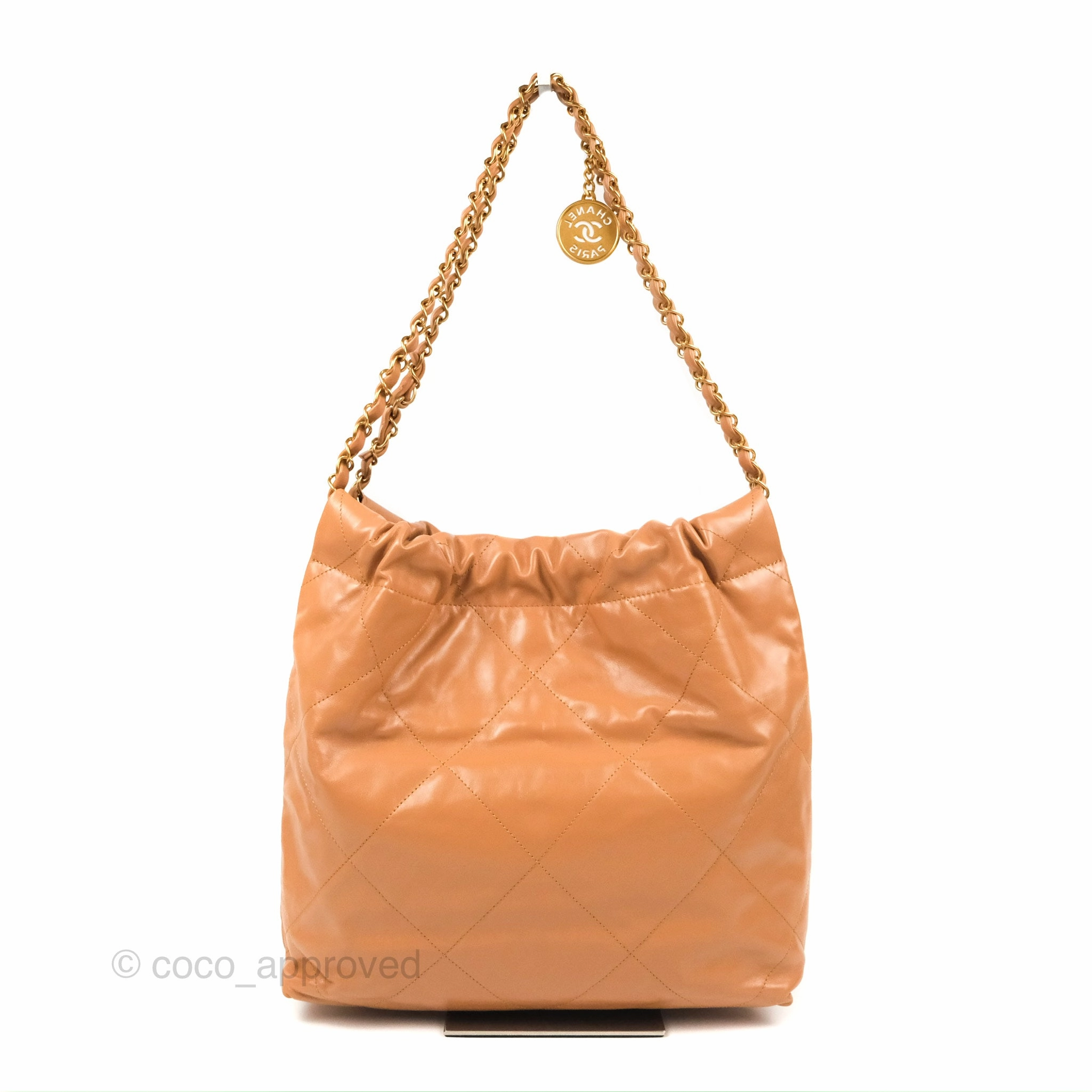 Chanel 22 Small Caramel Beige Shiny Calfskin Aged Gold Hardware