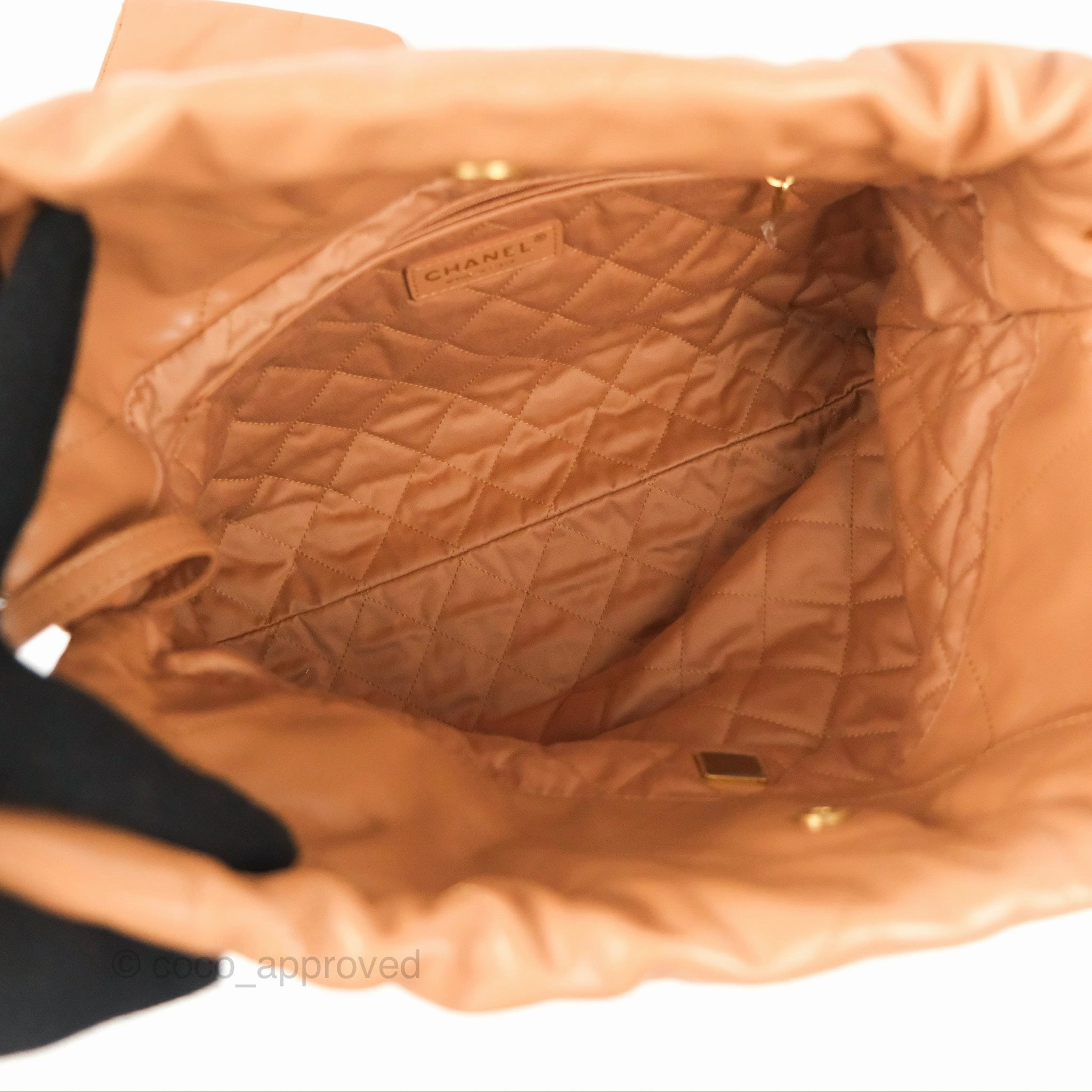 Chanel 22 Small Caramel Beige Shiny Calfskin Aged Gold Hardware