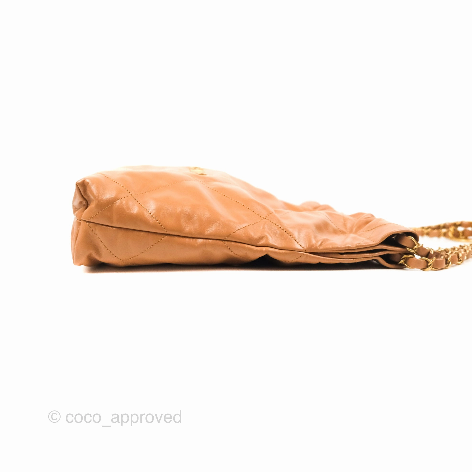 Chanel 22 Small Caramel Beige Shiny Calfskin Aged Gold Hardware