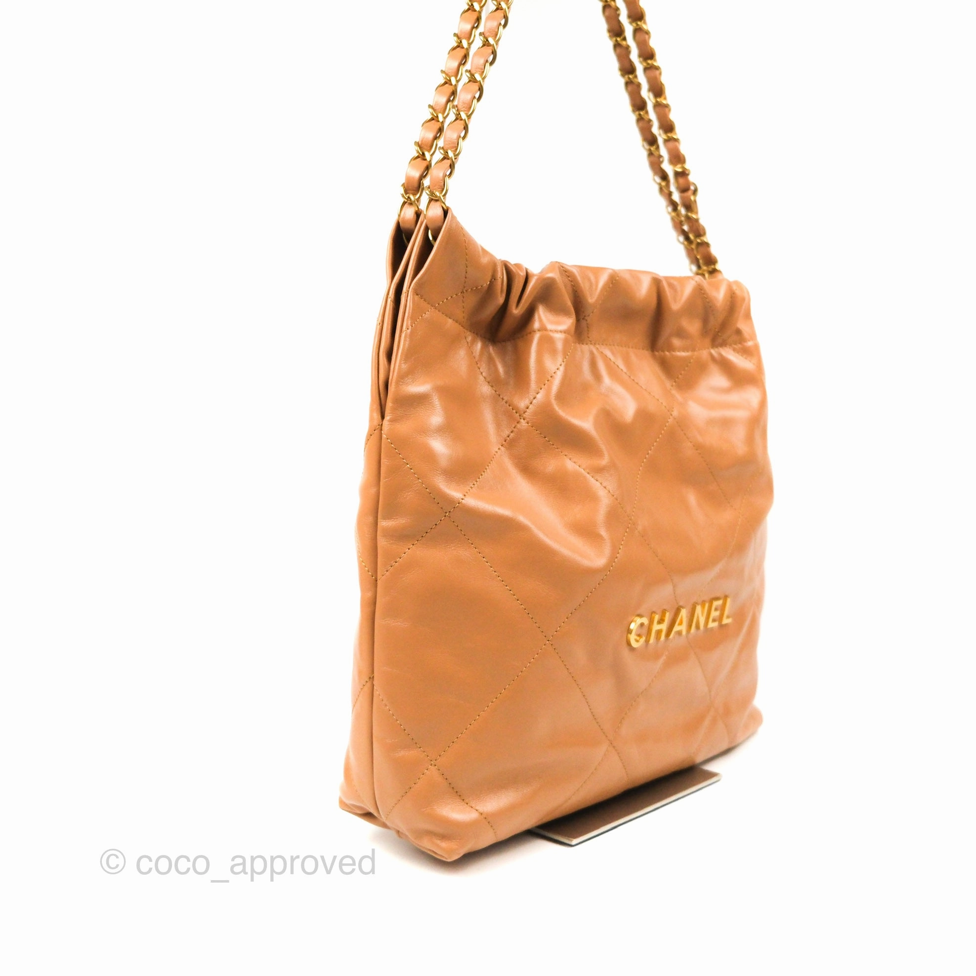 Chanel 22 Small Caramel Beige Shiny Calfskin Aged Gold Hardware