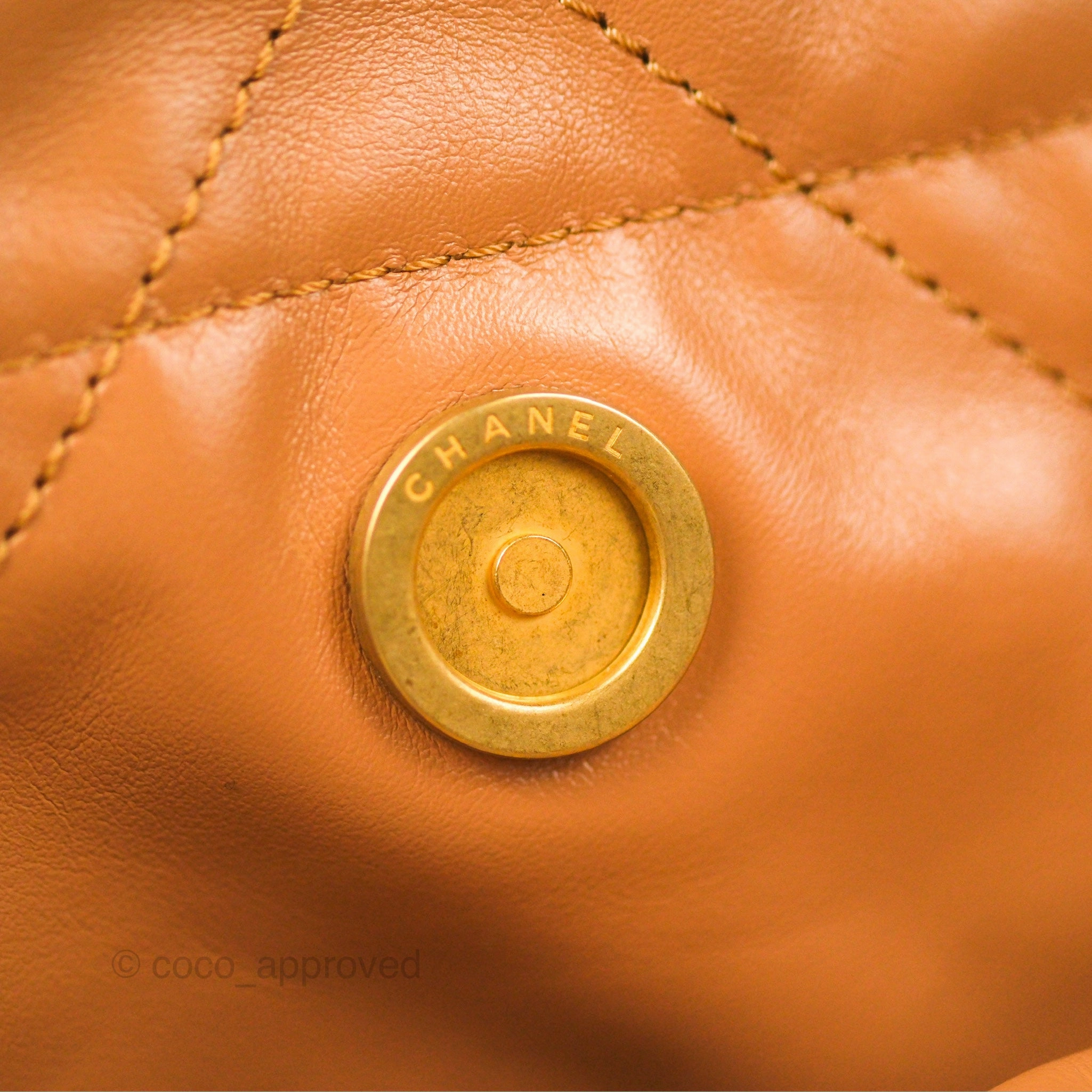 Chanel 22 Small Caramel Beige Shiny Calfskin Aged Gold Hardware