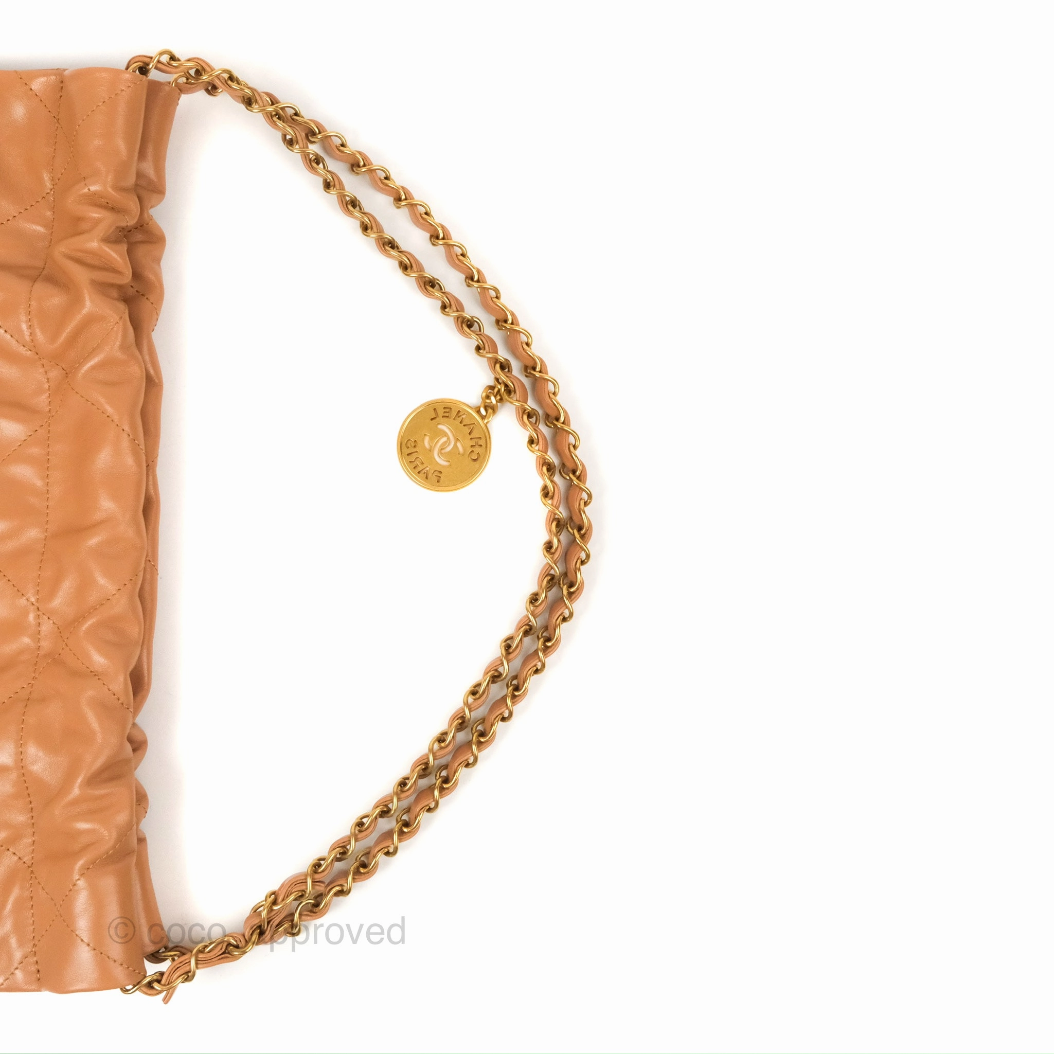Chanel 22 Small Caramel Beige Shiny Calfskin Aged Gold Hardware