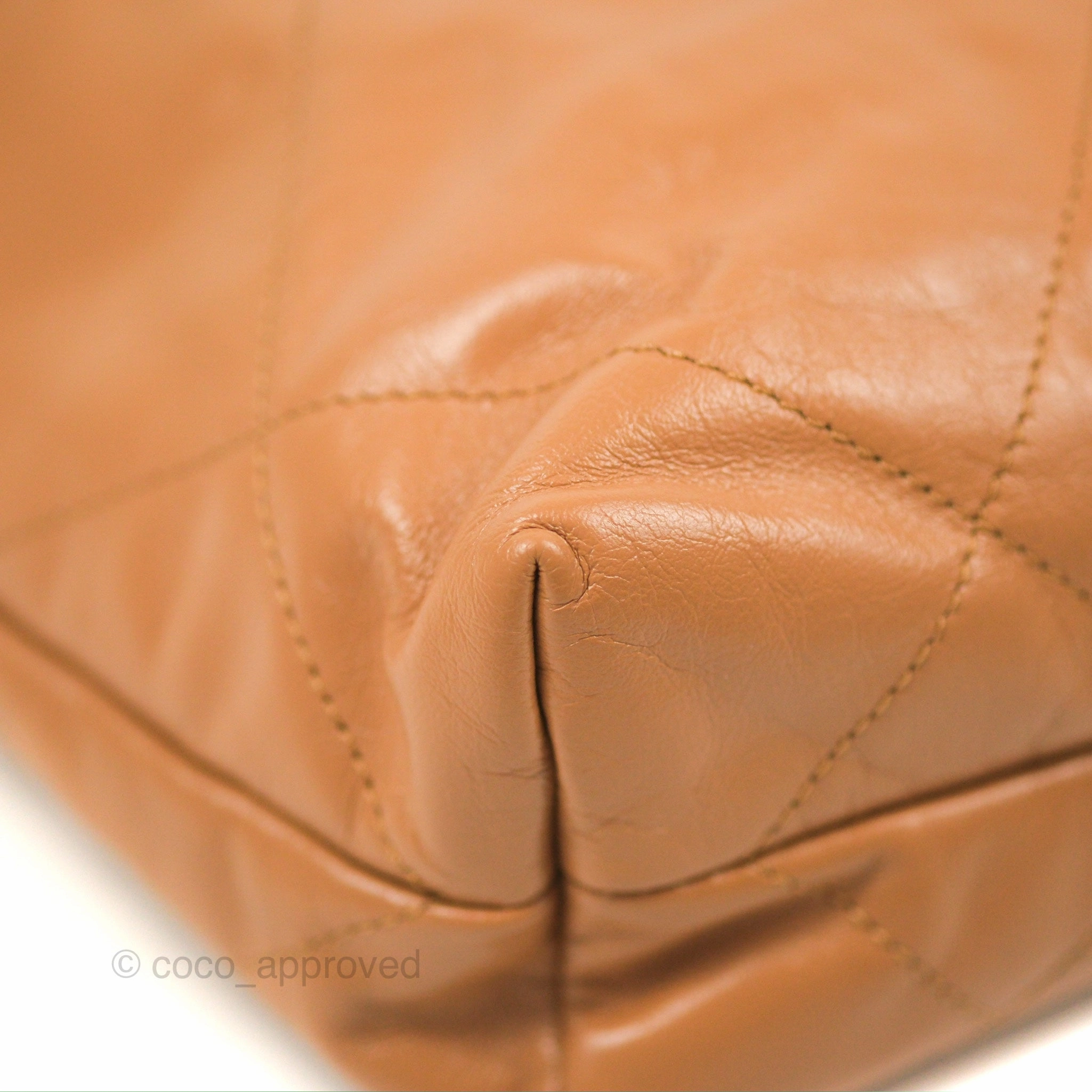 Chanel 22 Small Caramel Beige Shiny Calfskin Aged Gold Hardware