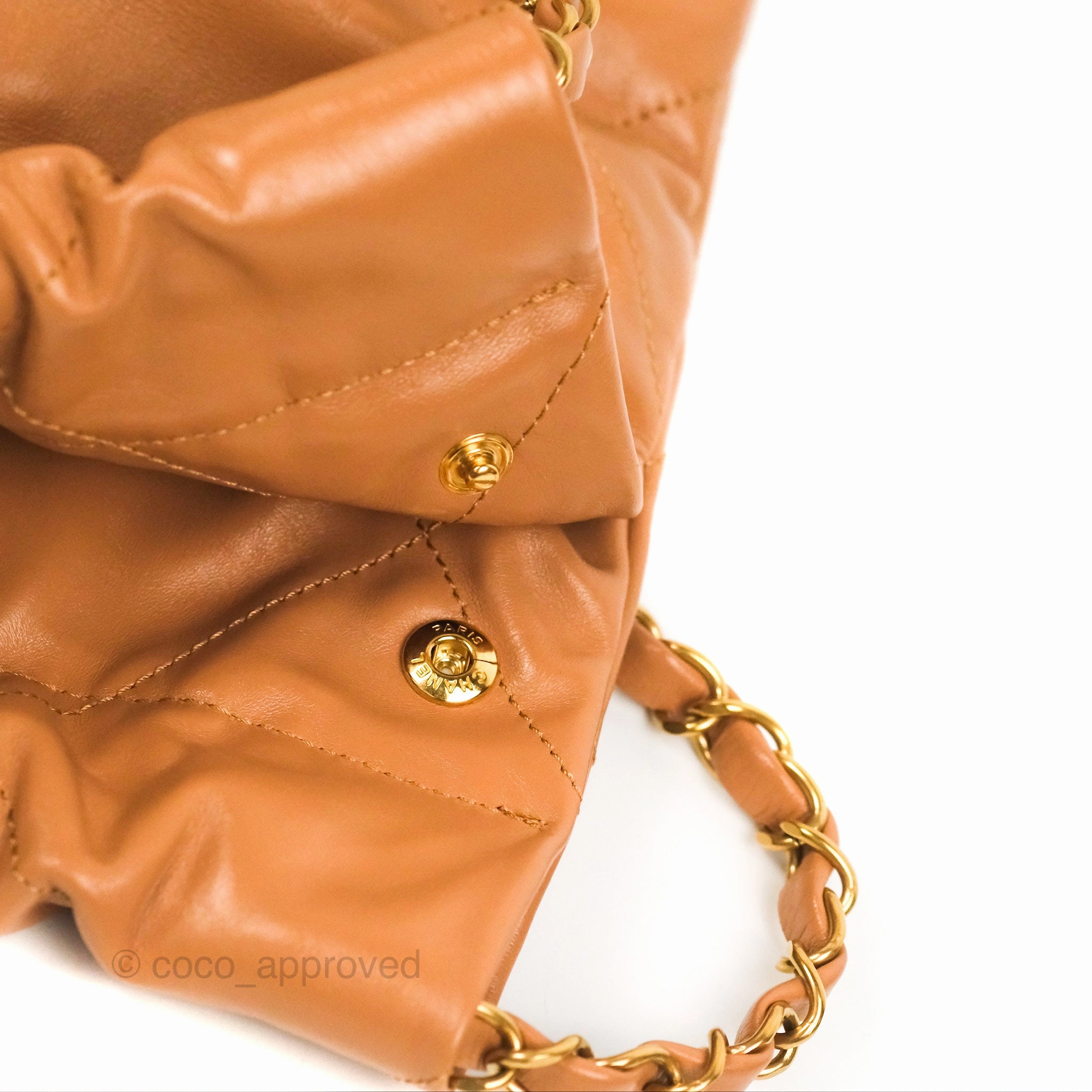 Chanel 22 Small Caramel Beige Shiny Calfskin Aged Gold Hardware