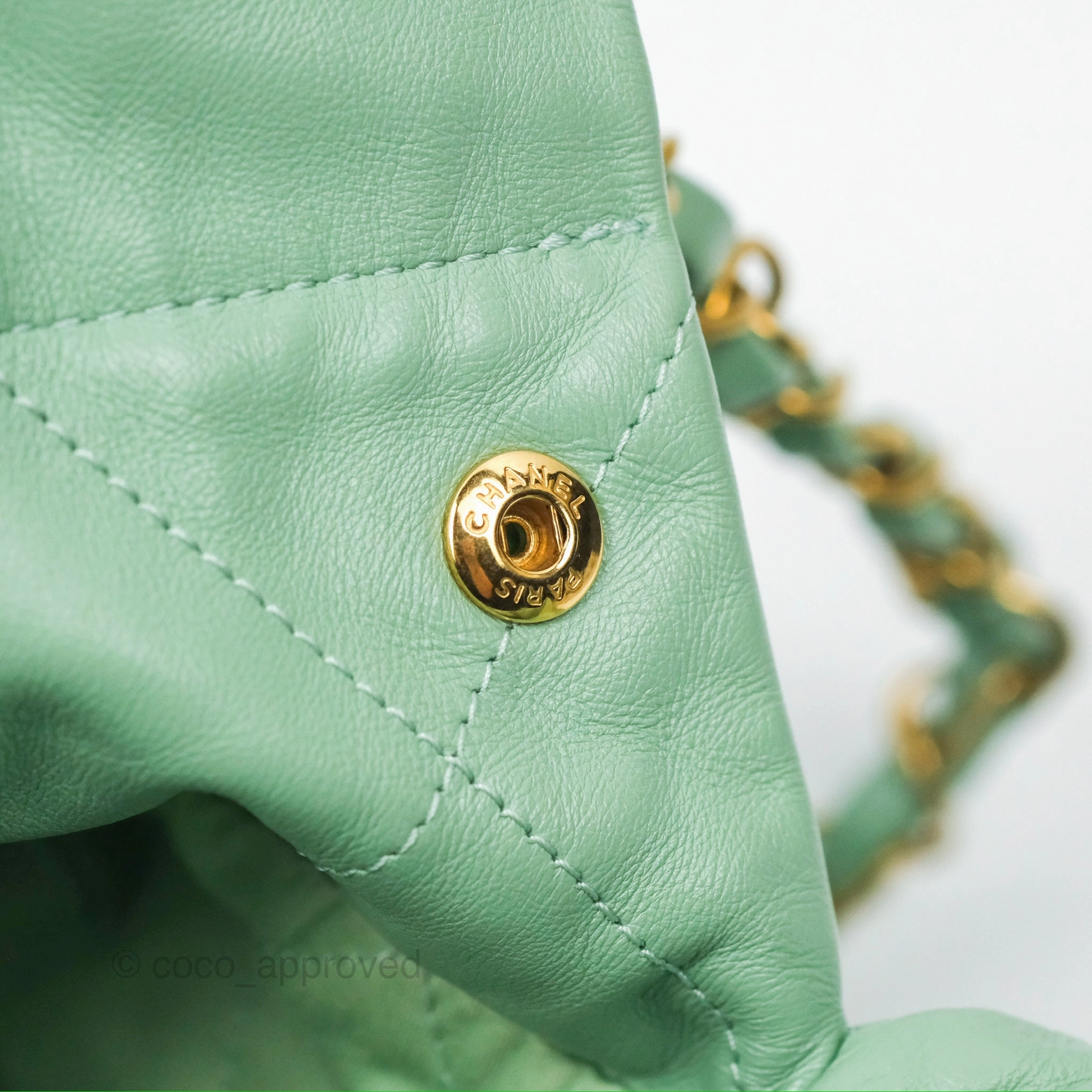 Chanel 22 Small Mint Green Shiny Calfskin Aged Gold Hardware