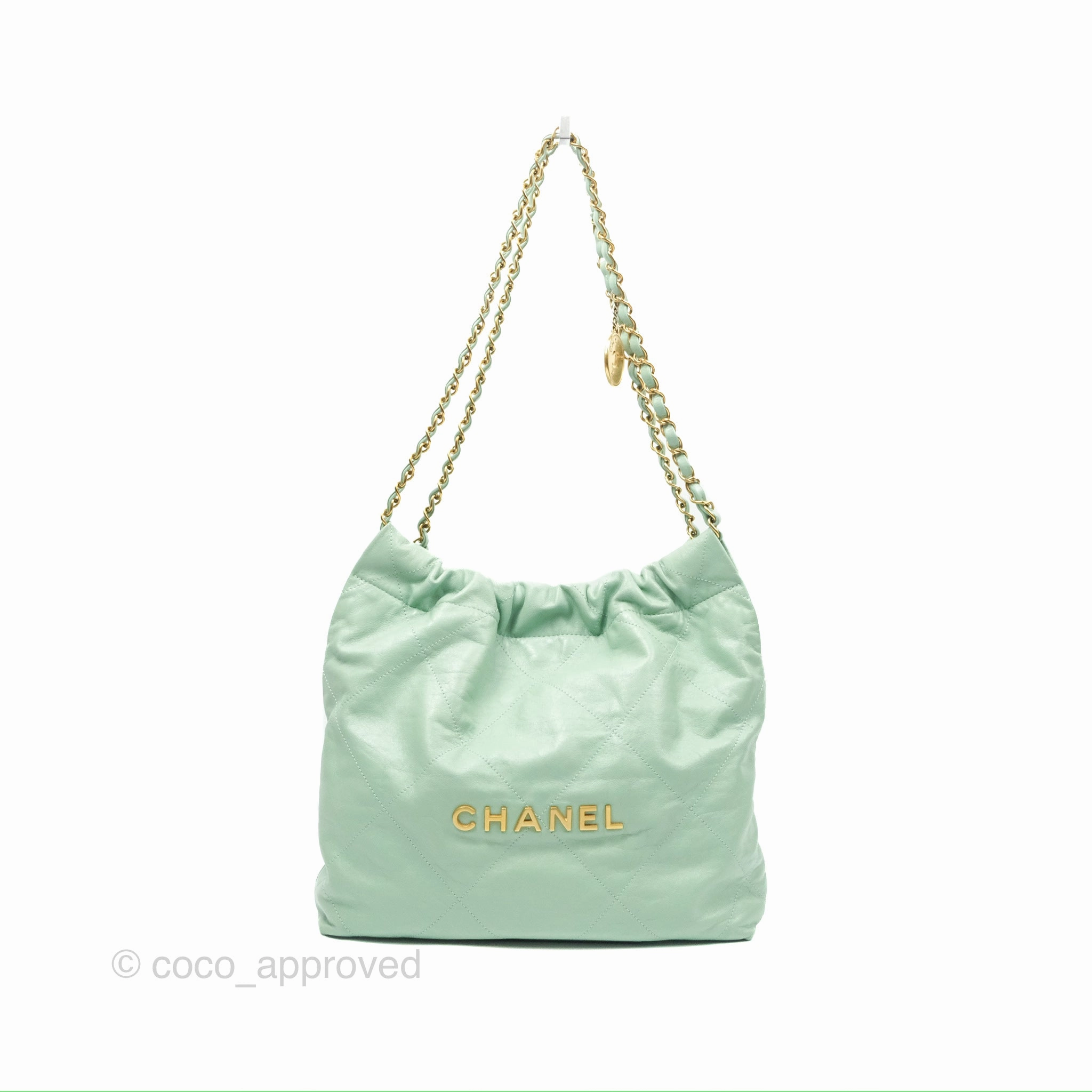 Chanel 22 Small Mint Green Shiny Calfskin Aged Gold Hardware