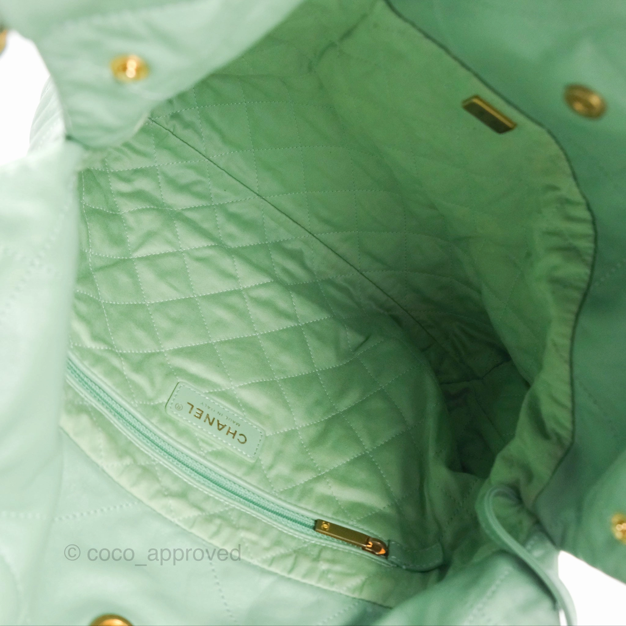Chanel 22 Small Mint Green Shiny Calfskin Aged Gold Hardware