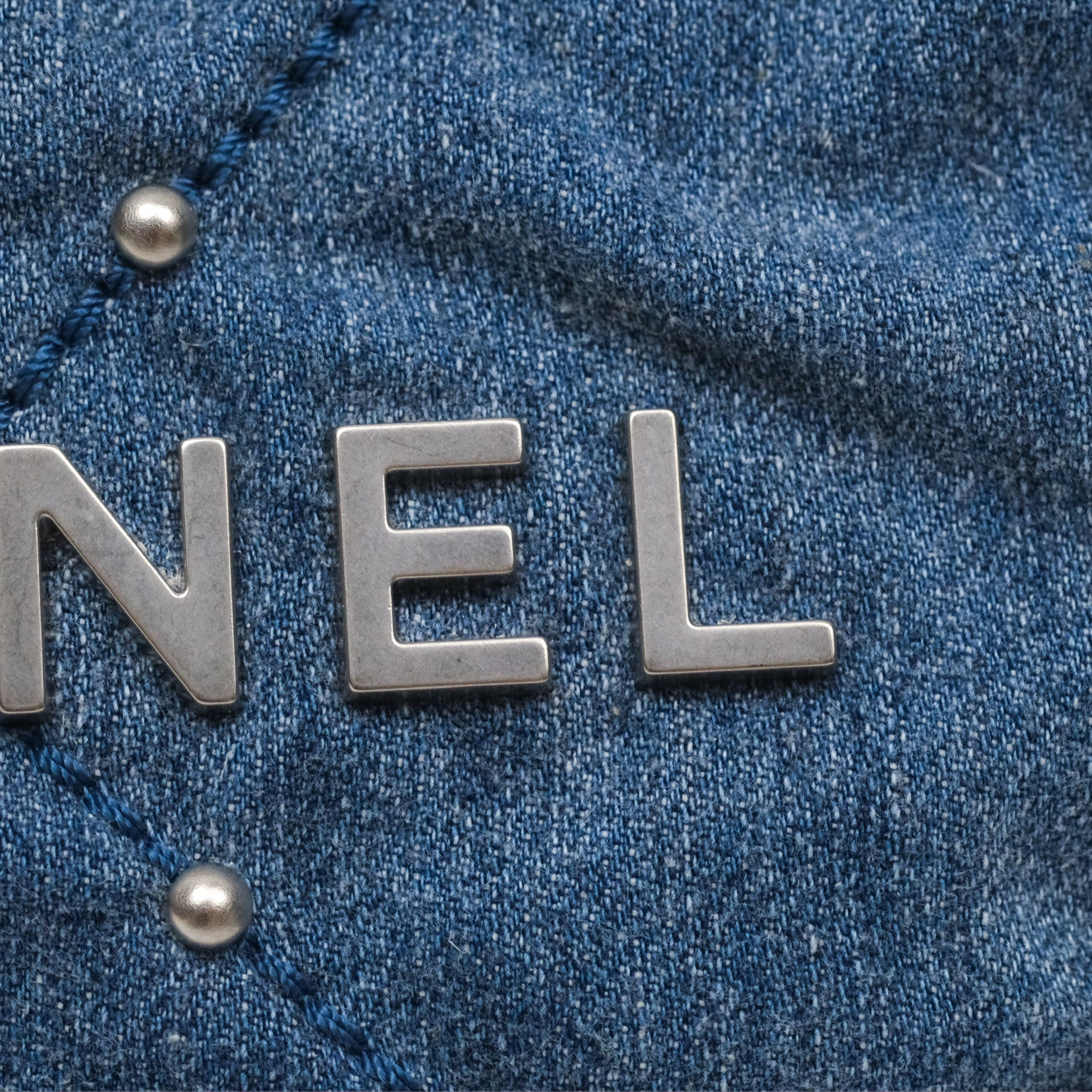 Chanel 22 Small Pearl Studded Denim Silver Hardware
