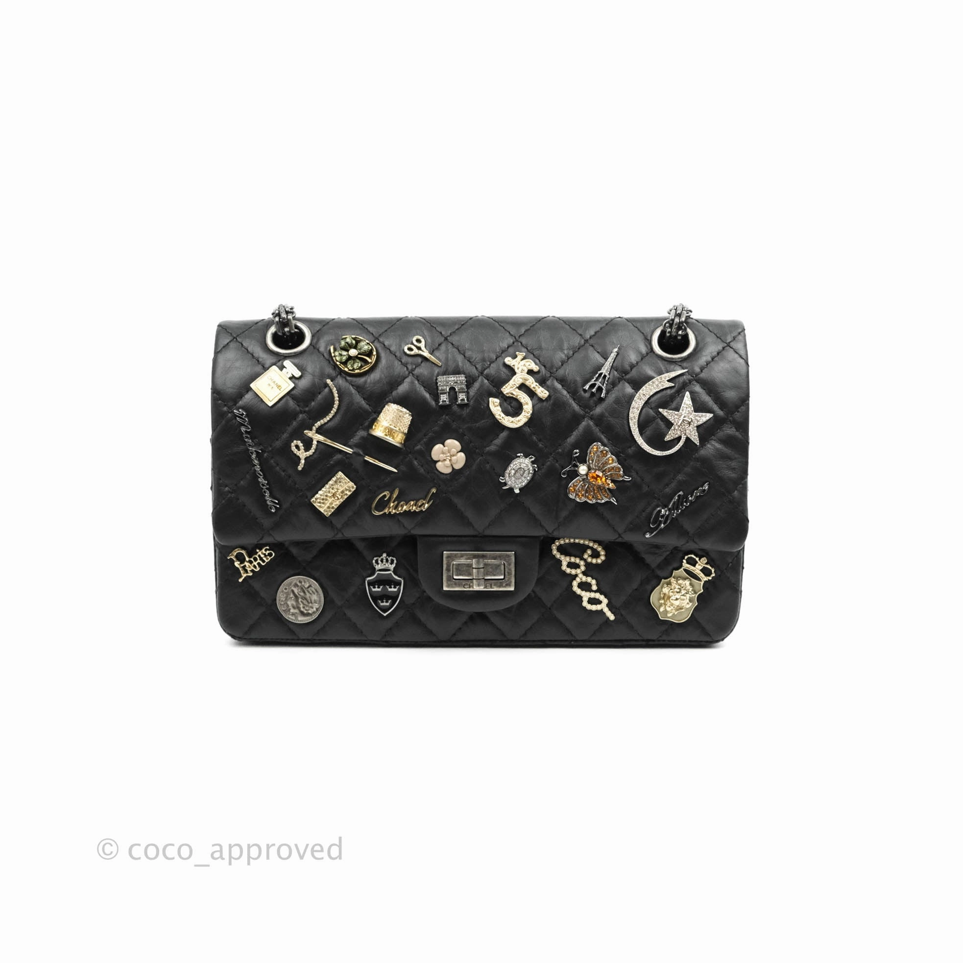 Chanel 2.55 Reissue Lucky Charms 225 Flap Black Crumpled Calfskin Ruthenium Hardware