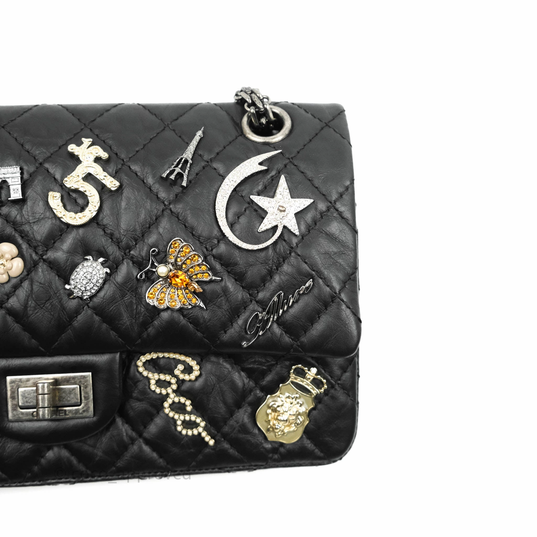 Chanel 2.55 Reissue Lucky Charms 225 Flap Black Crumpled Calfskin Ruthenium Hardware