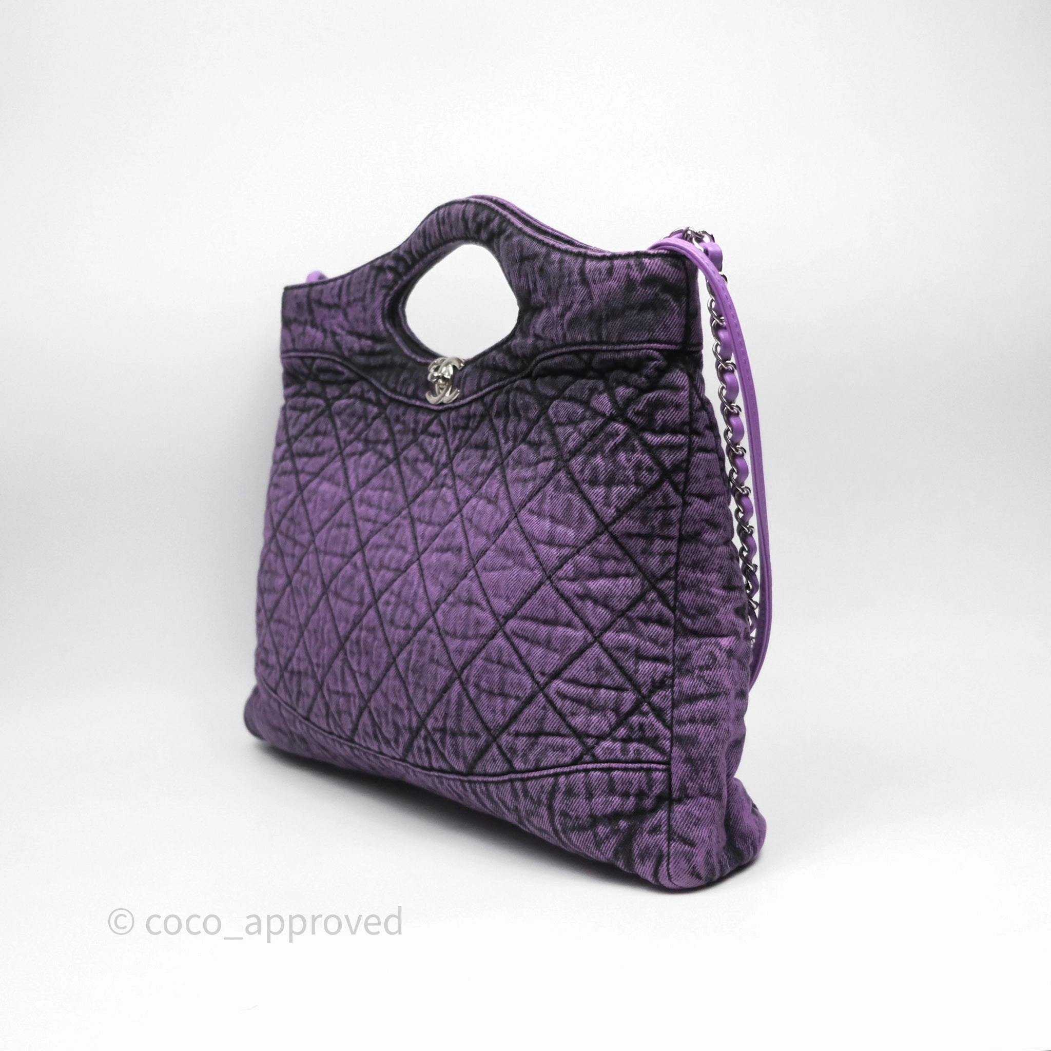 Chanel 31 Large Shopping Bag Quilted Denimpression Purple Black Silver Hardware