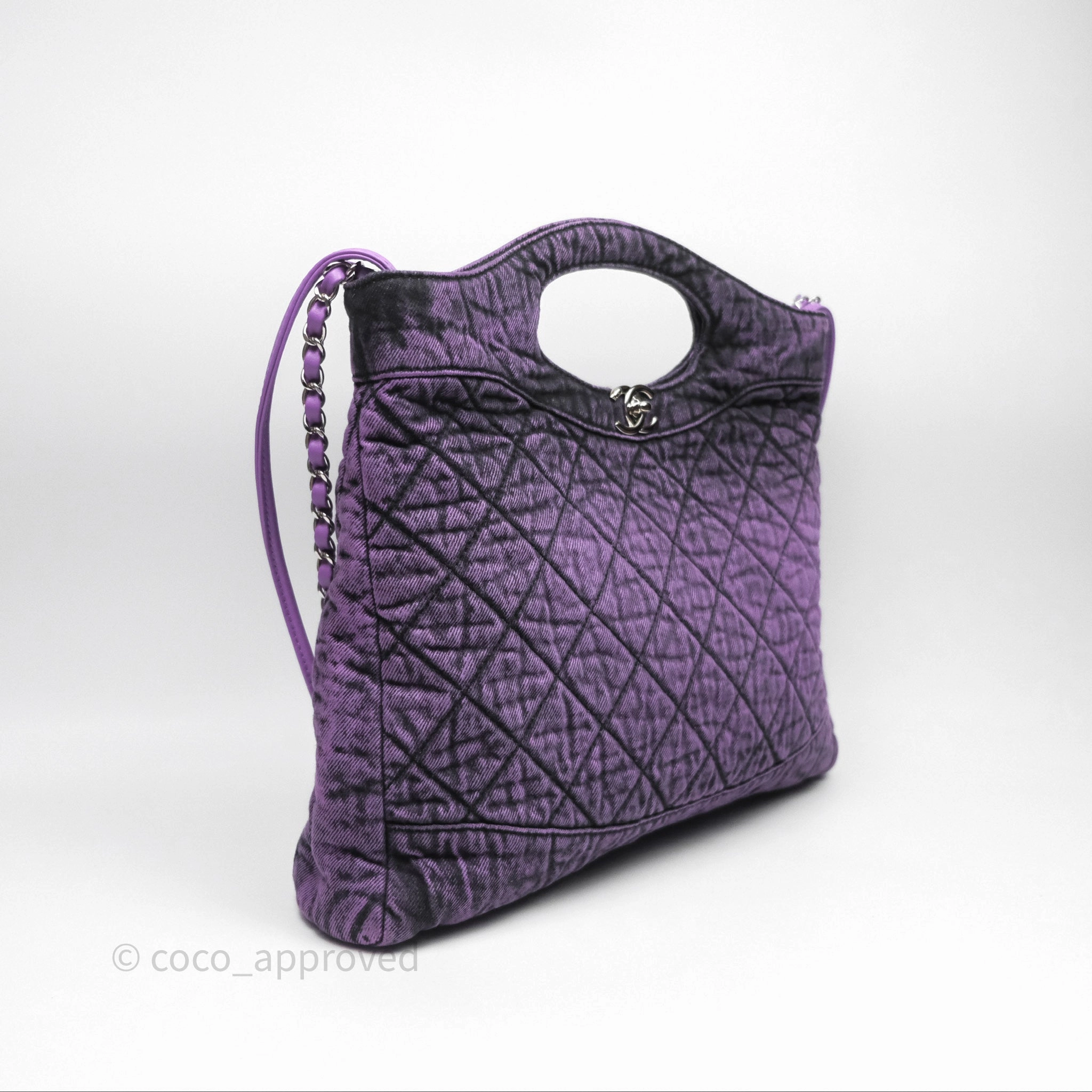 Chanel 31 Large Shopping Bag Quilted Denimpression Purple Black Silver Hardware