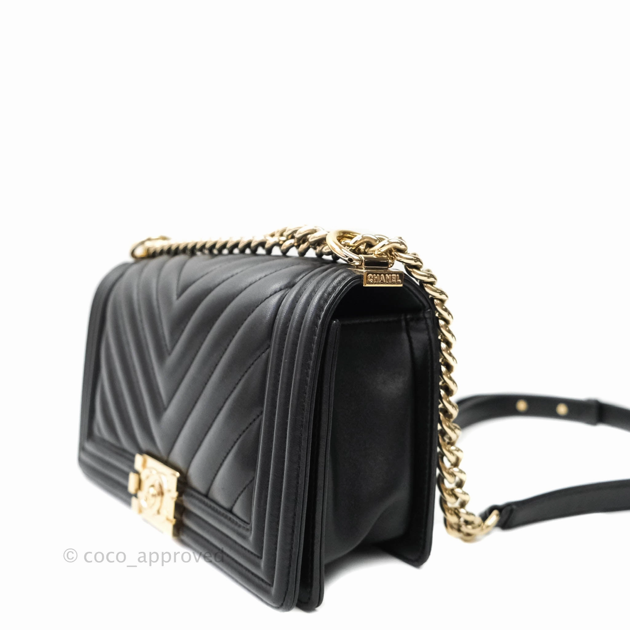 Chanel Boy Chevron Medium Black Lambskin Gold Hardware