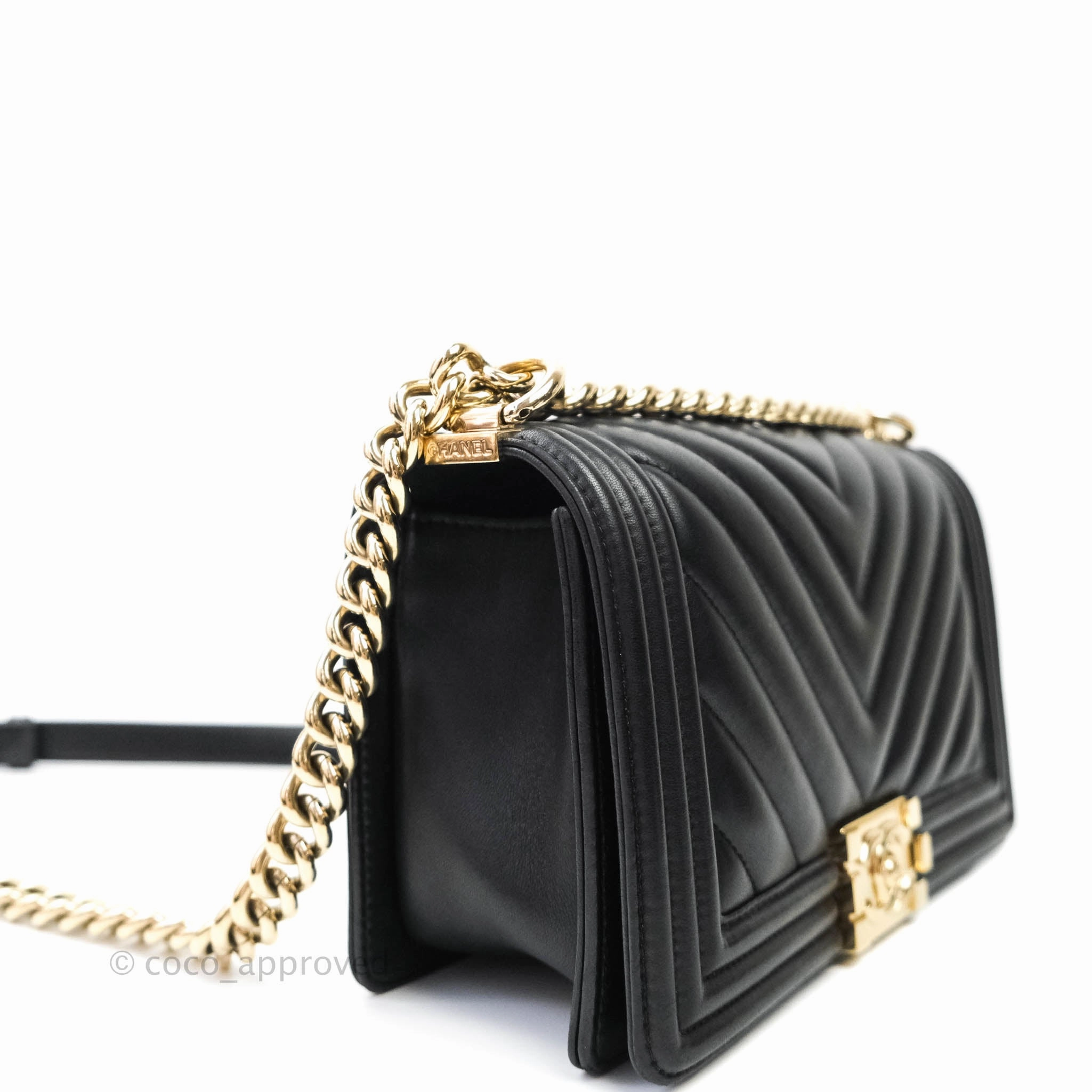 Chanel Boy Chevron Medium Black Lambskin Gold Hardware