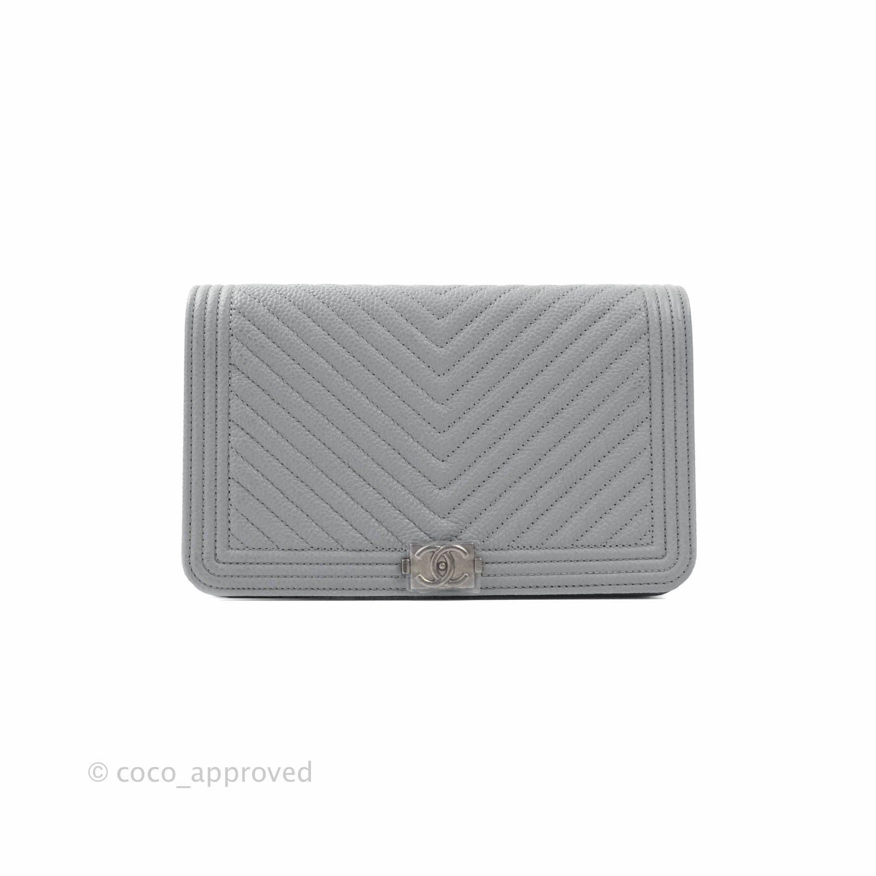 Chanel Chevron Boy Wallet on Chain WOC Grey Caviar Ruthenium Hardware