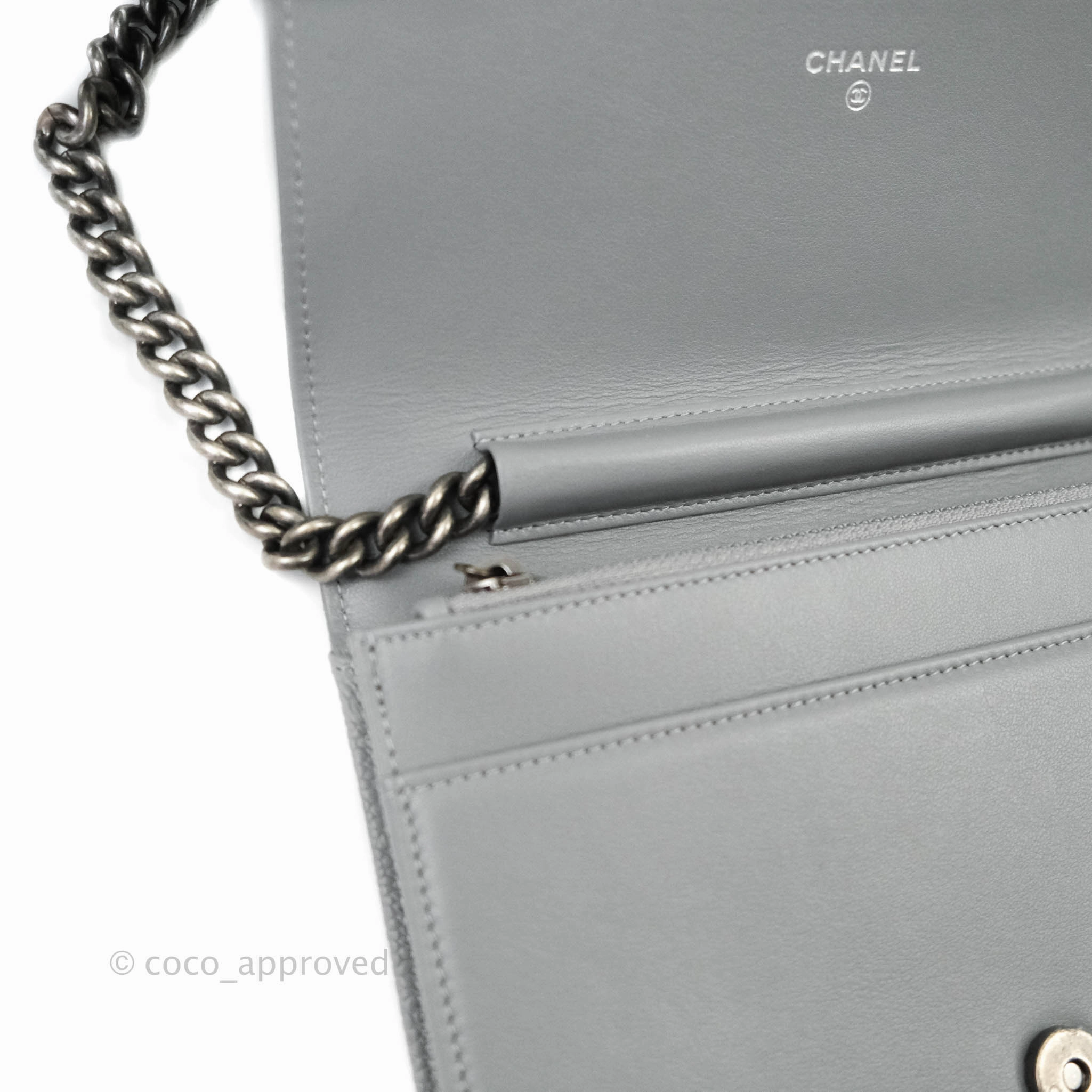 Chanel Chevron Boy Wallet on Chain WOC Grey Caviar Ruthenium Hardware
