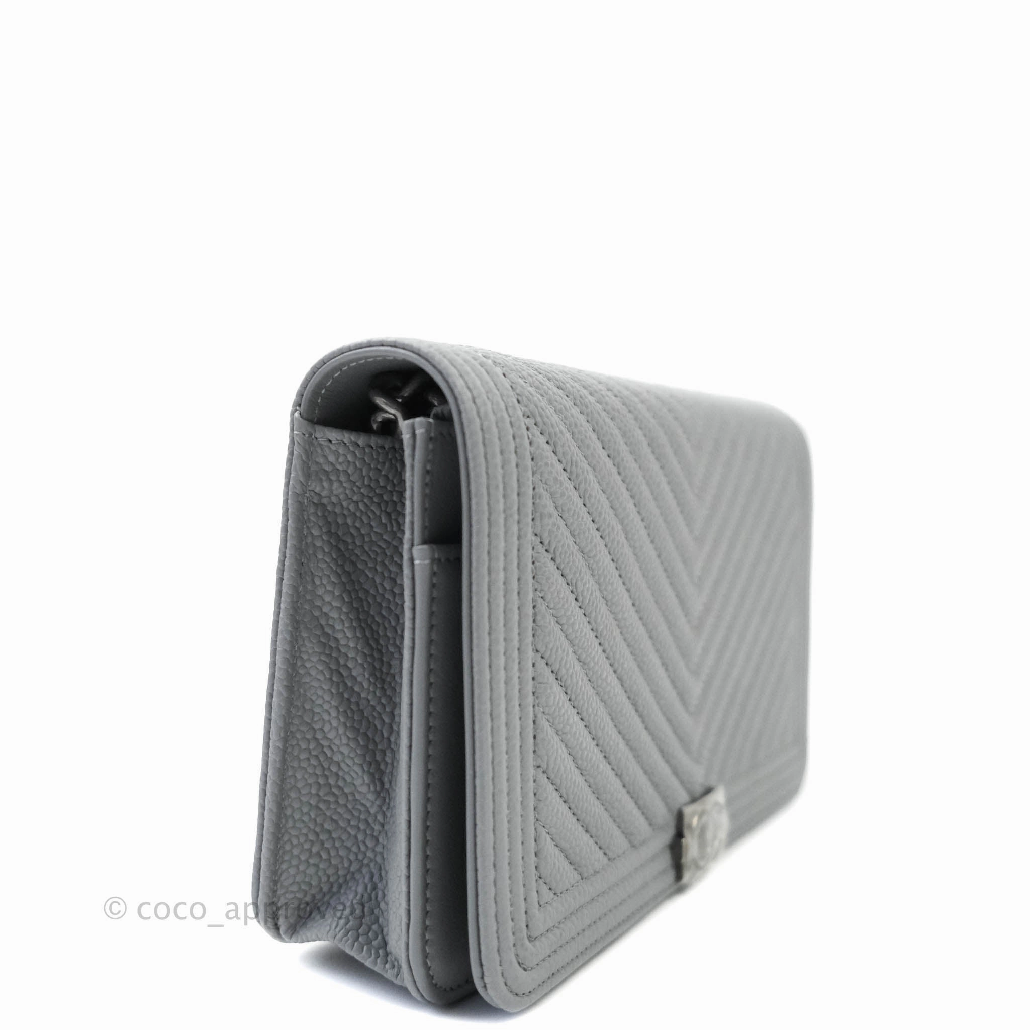 Chanel Chevron Boy Wallet on Chain WOC Grey Caviar Ruthenium Hardware