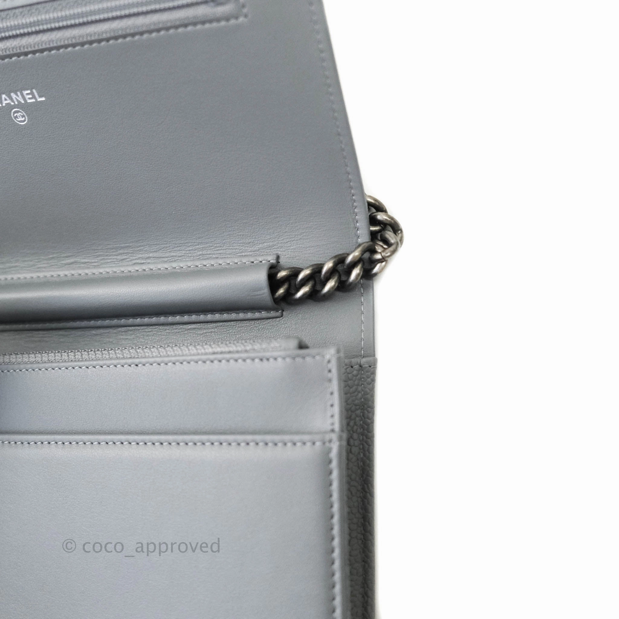 Chanel Chevron Boy Wallet on Chain WOC Grey Caviar Ruthenium Hardware