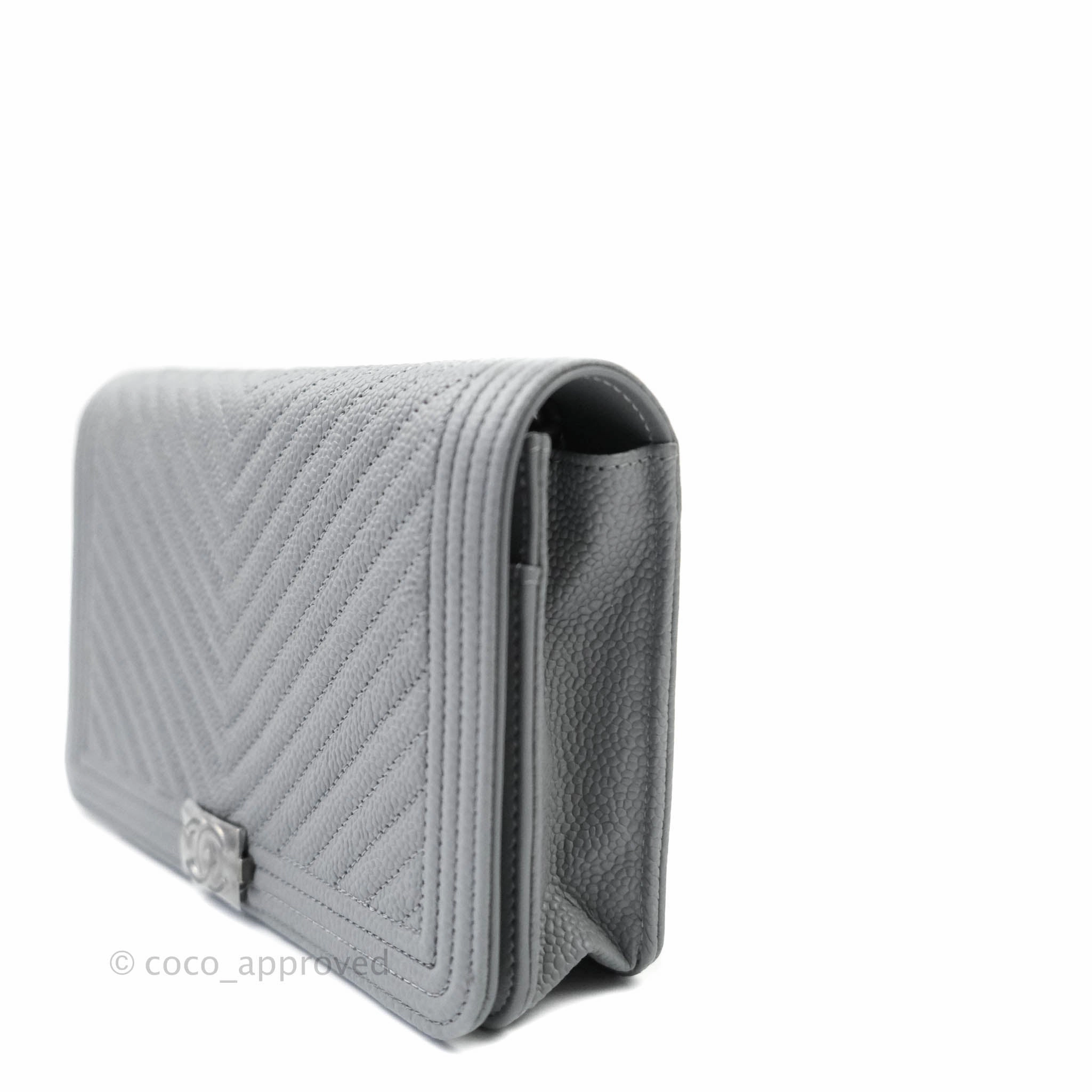 Chanel Chevron Boy Wallet on Chain WOC Grey Caviar Ruthenium Hardware