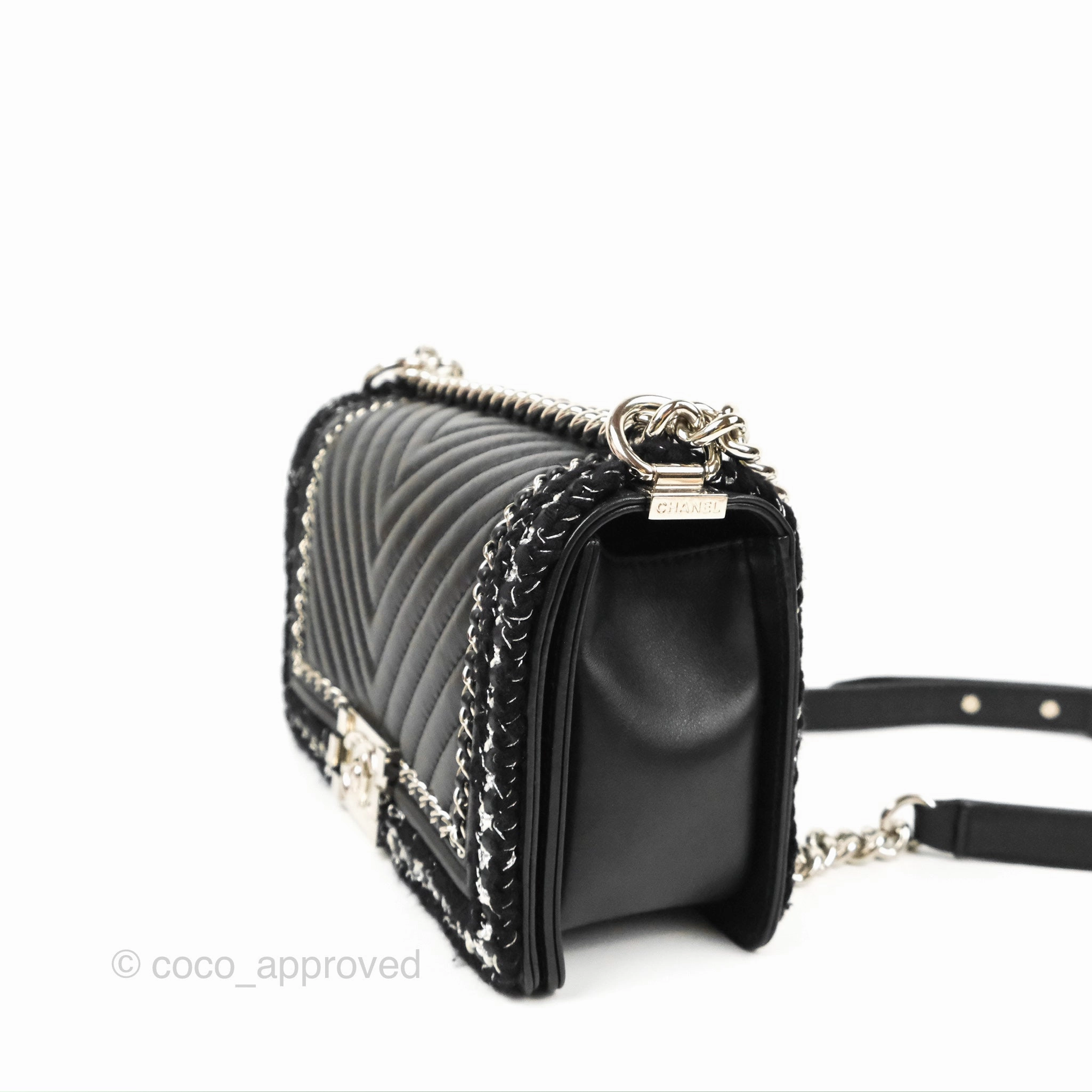 Chanel Chevron Braid Around Chain Boy Black Calfskin Silver Hardware