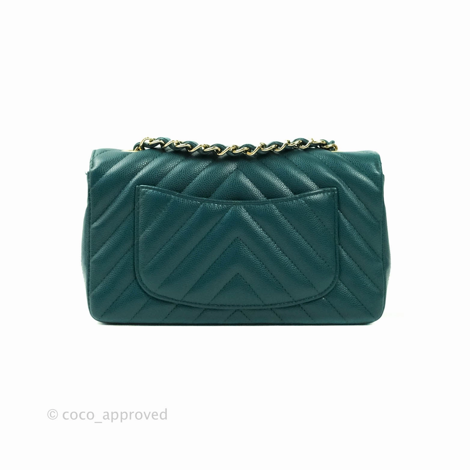 Chanel Chevron Mini Rectangular Caviar Flap Bag Dark Green Gold Hardware