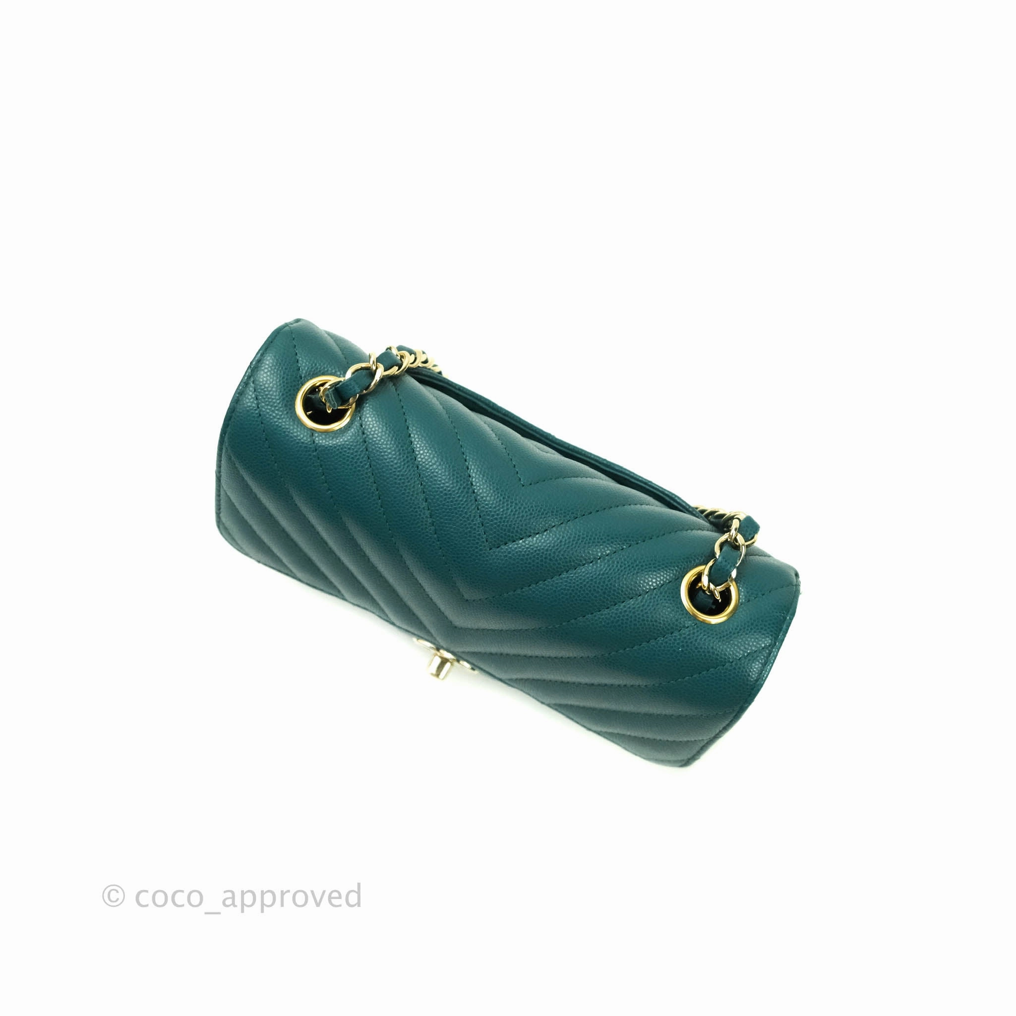 Chanel Chevron Mini Rectangular Caviar Flap Bag Dark Green Gold Hardware