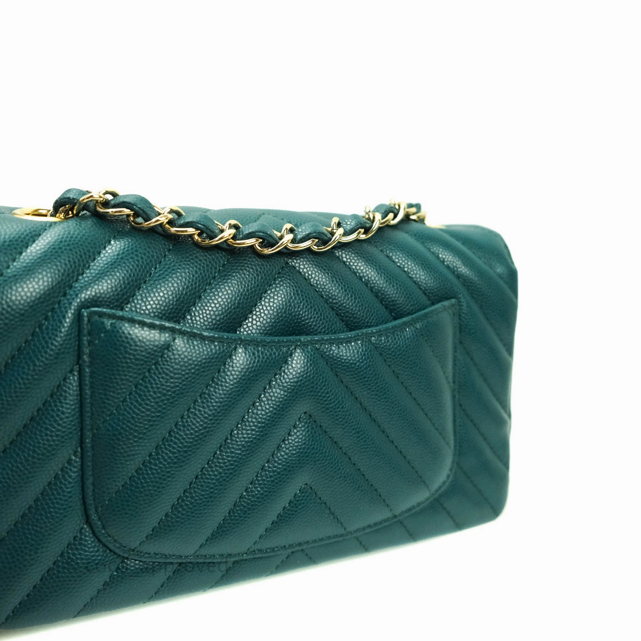 Chanel Chevron Mini Rectangular Caviar Flap Bag Dark Green Gold Hardware