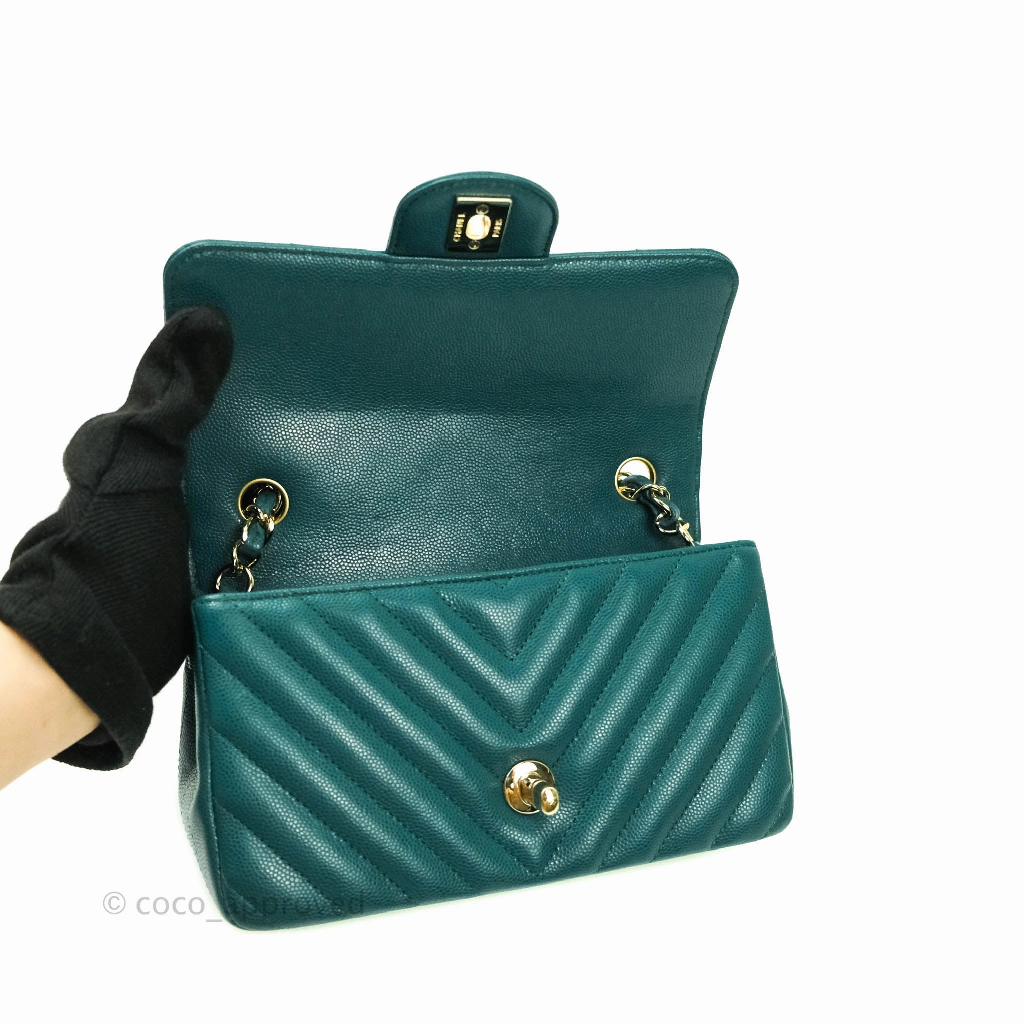 Chanel Chevron Mini Rectangular Caviar Flap Bag Dark Green Gold Hardware