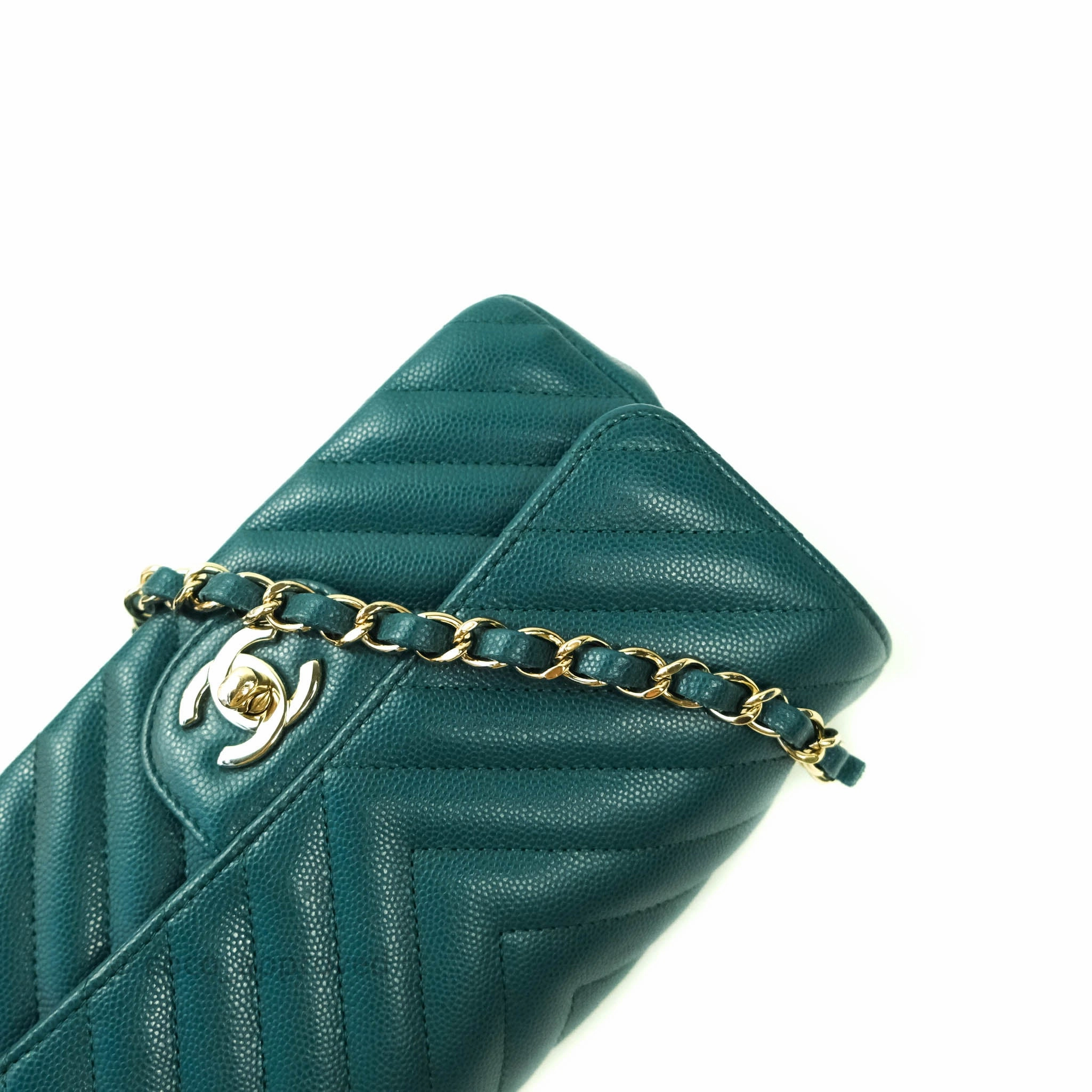 Chanel Chevron Mini Rectangular Caviar Flap Bag Dark Green Gold Hardware