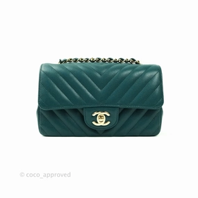 Chanel Chevron Mini Rectangular Caviar Flap Bag Dark Green Gold Hardware