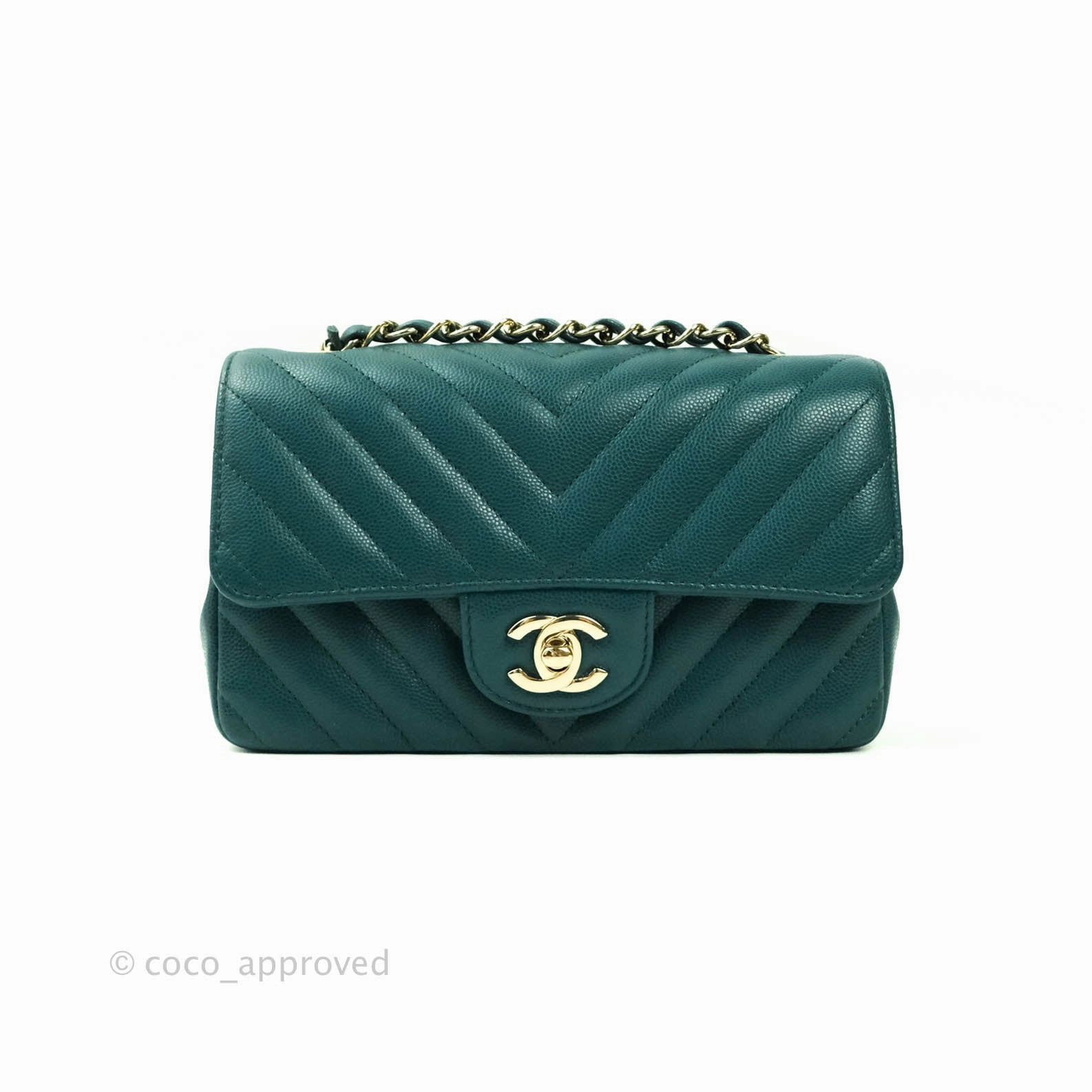 Chanel Chevron Mini Rectangular Caviar Flap Bag Dark Green Gold Hardware