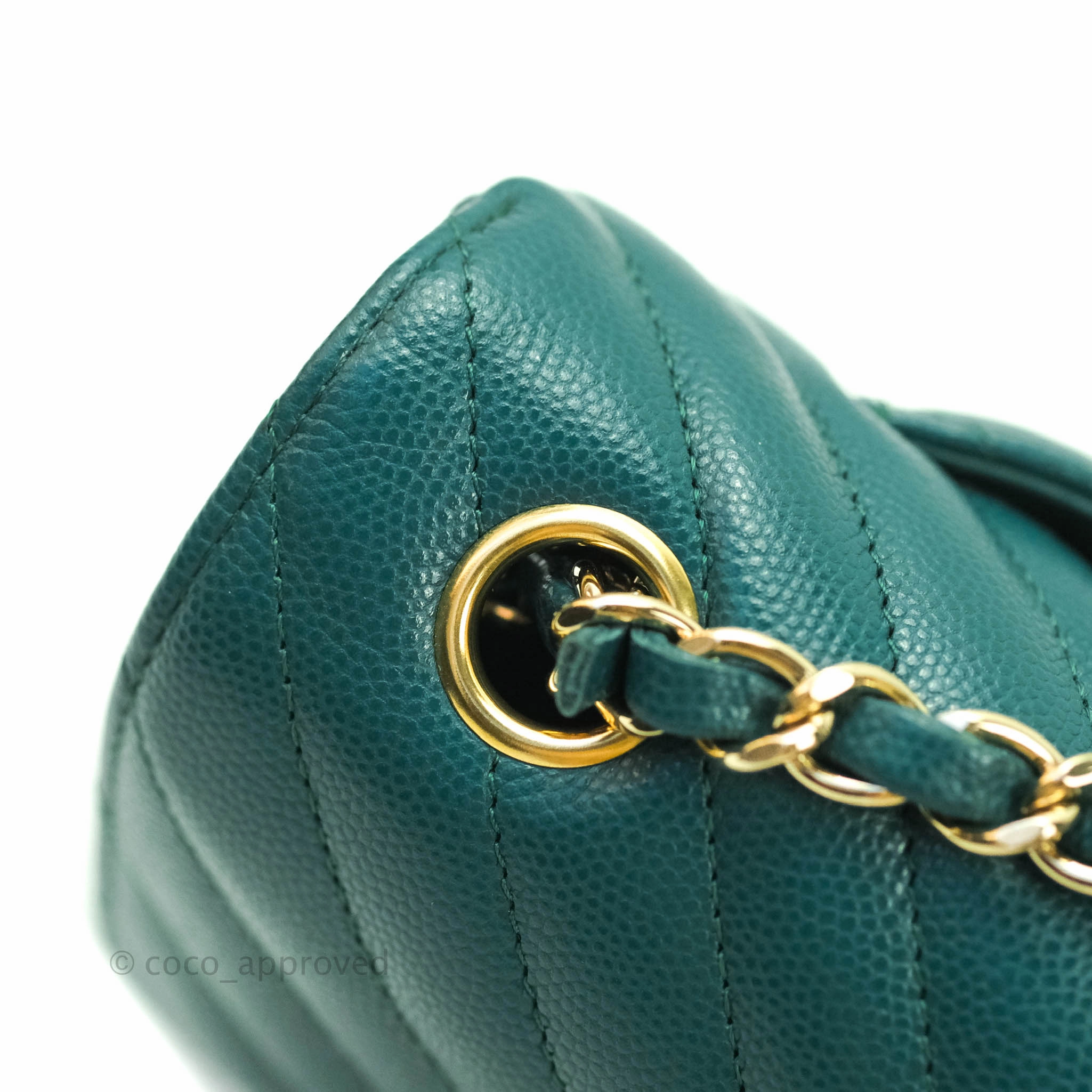 Chanel Chevron Mini Rectangular Caviar Flap Bag Dark Green Gold Hardware