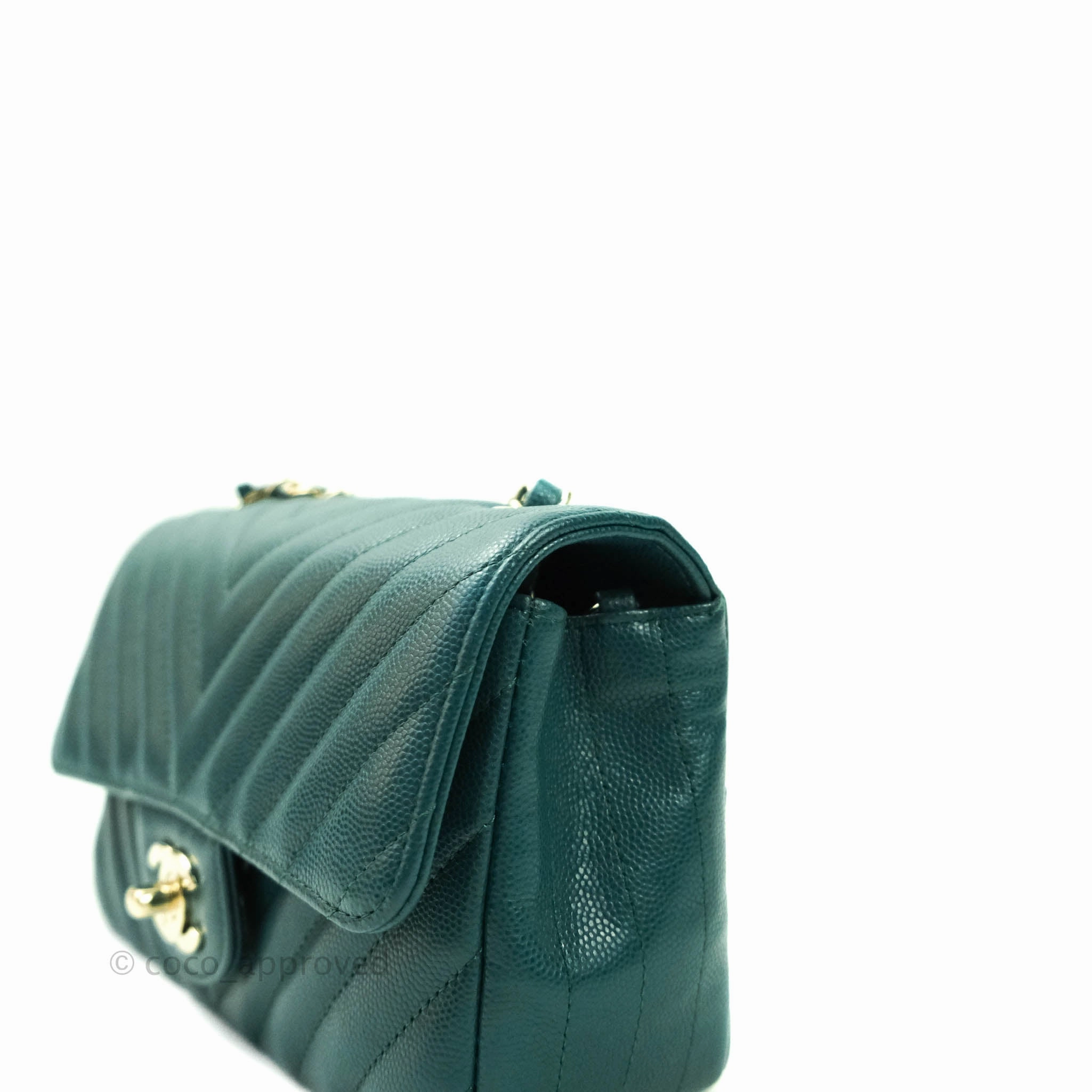 Chanel Chevron Mini Rectangular Caviar Flap Bag Dark Green Gold Hardware