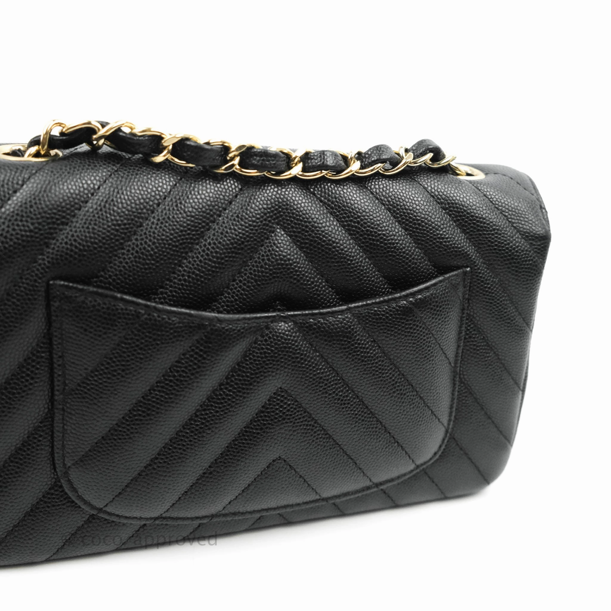 Chanel Chevron Mini Rectangular Flap Black Caviar Gold Hardware
