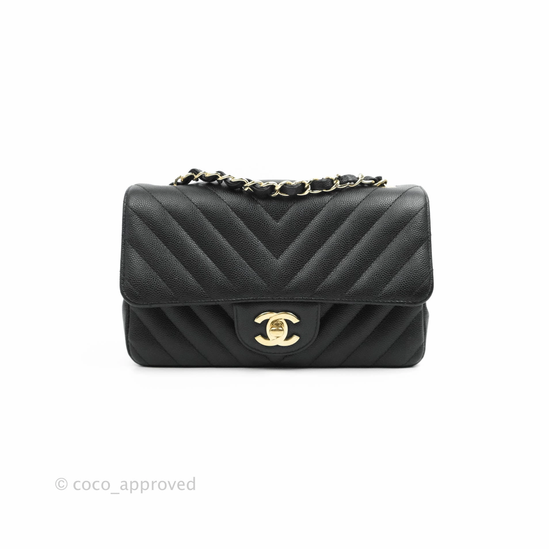 Chanel Chevron Mini Rectangular Flap Black Caviar Gold Hardware