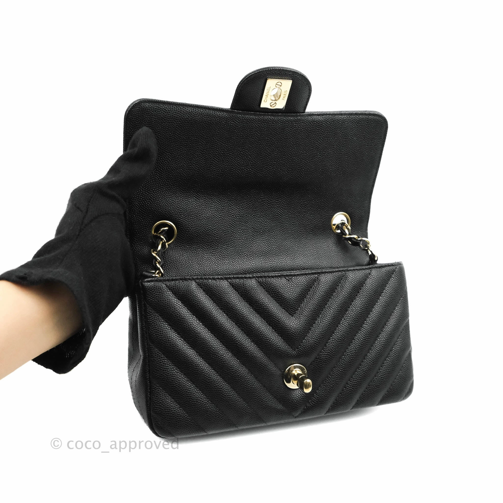 Chanel Chevron Mini Rectangular Flap Black Caviar Gold Hardware