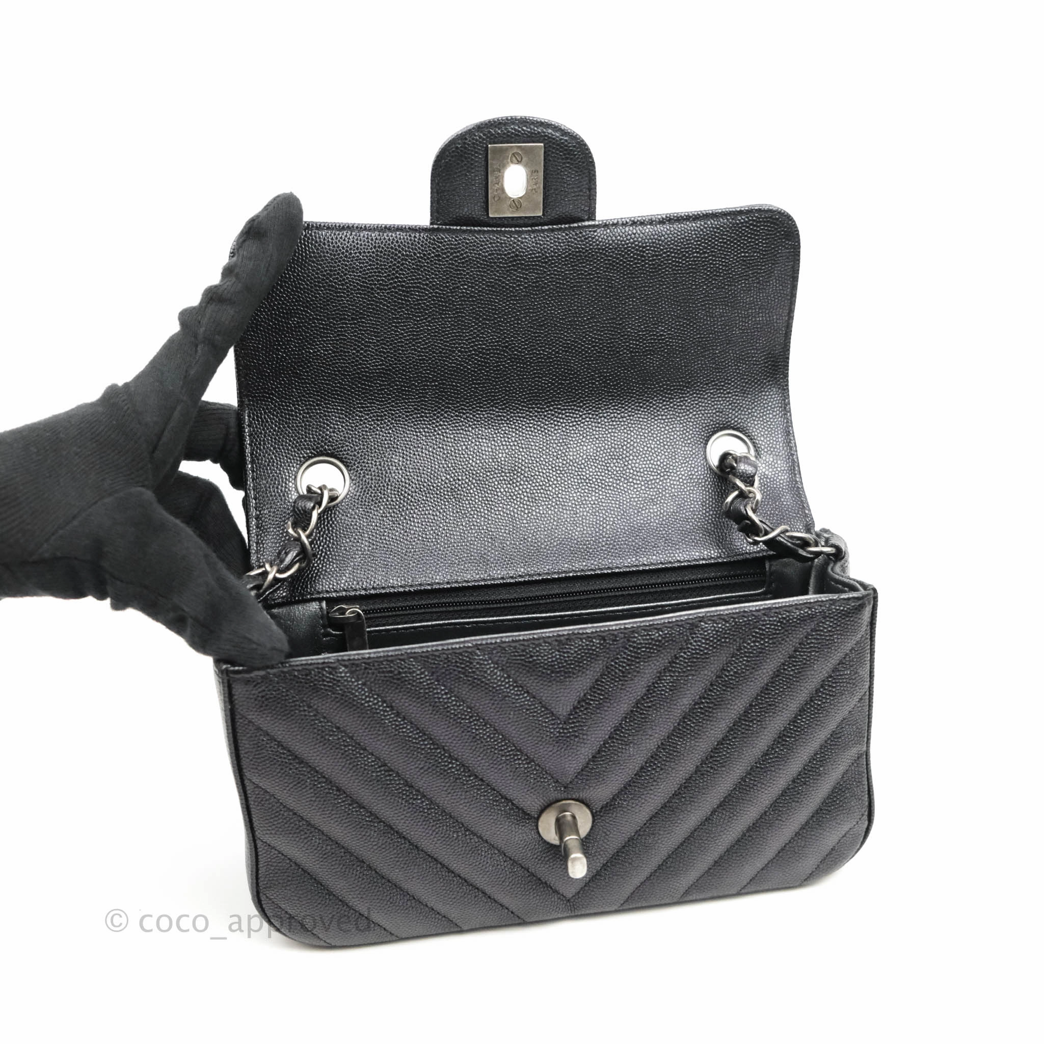 Chanel Chevron Mini Rectangular Flap Iridescent Black Caviar Ruthenium Hardware 17B