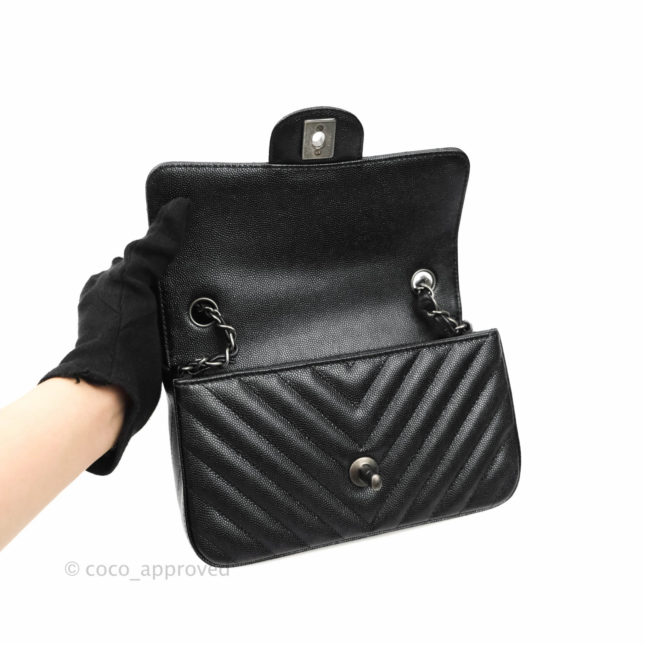 Chanel Chevron Mini Rectangular Flap Iridescent Black Caviar Ruthenium Hardware