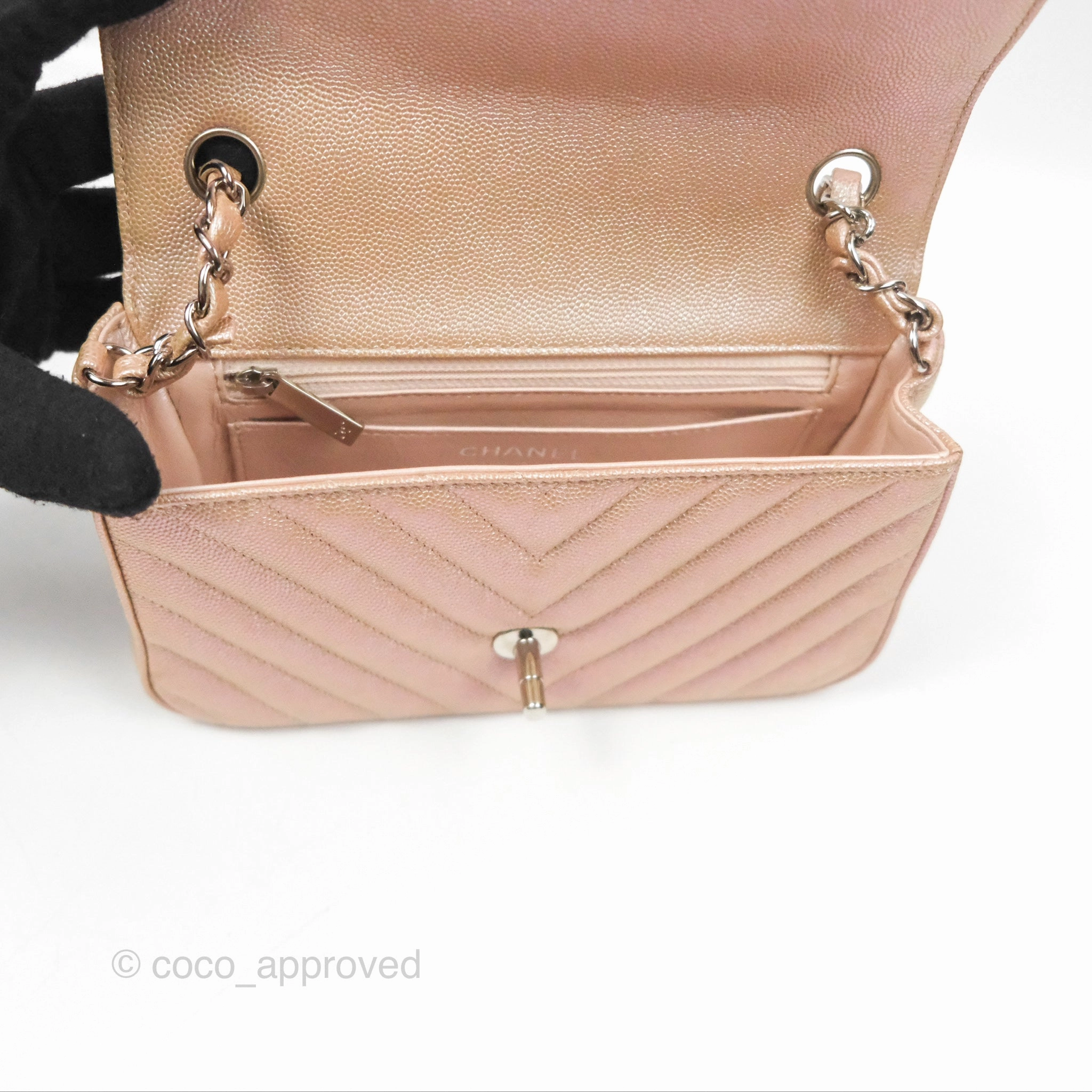 Chanel Chevron Mini Rectangular Flap Iridescent Rose Gold Caviar Ruthenium Hardware 17B