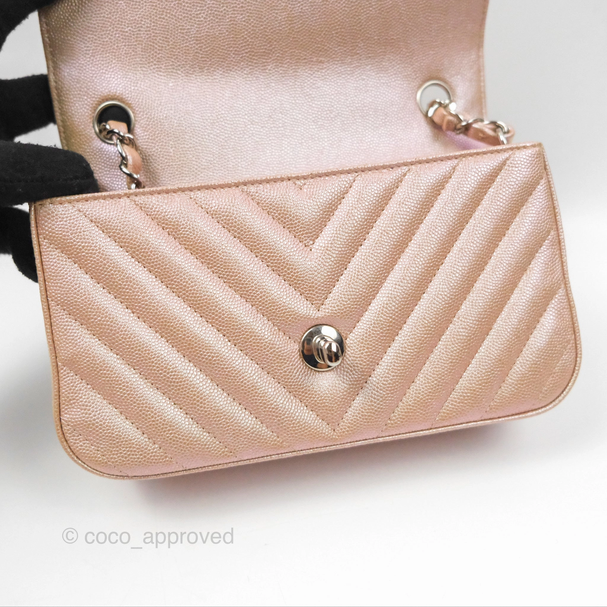 Chanel Chevron Mini Rectangular Flap Iridescent Rose Gold Caviar Ruthenium Hardware 17B