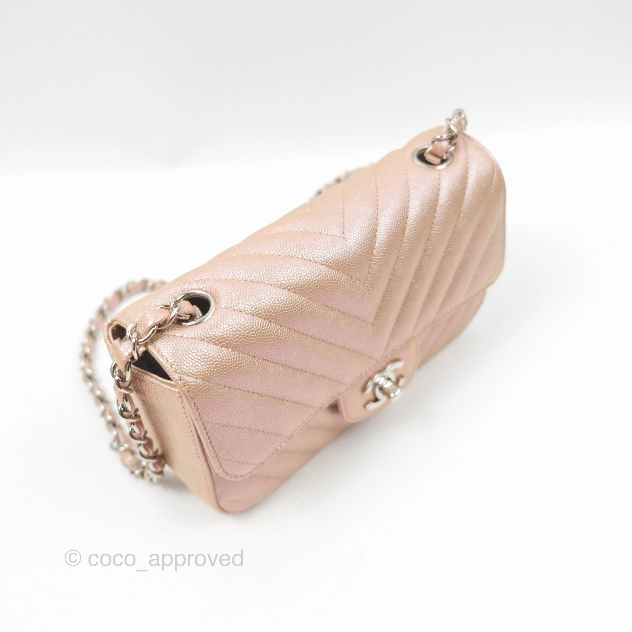 Chanel Chevron Mini Rectangular Flap Iridescent Rose Gold Caviar Ruthenium Hardware 17B