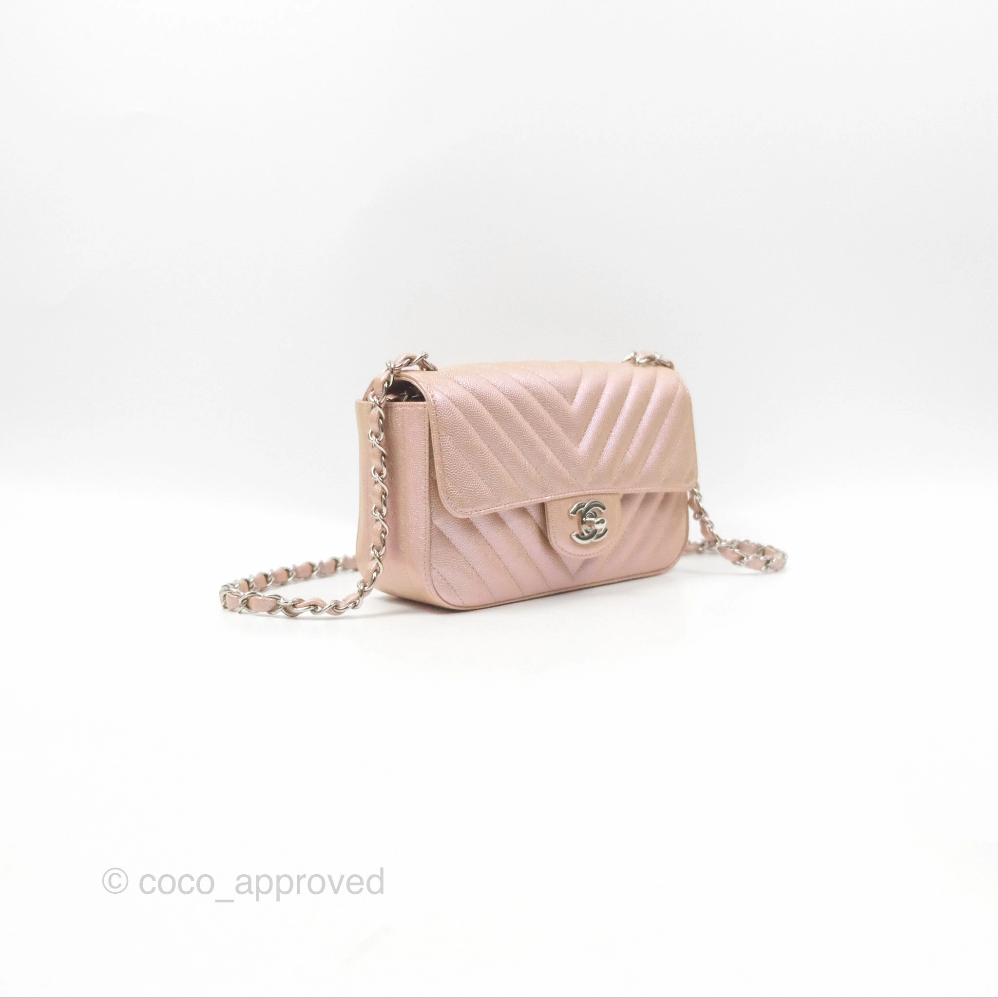 Chanel Chevron Mini Rectangular Flap Iridescent Rose Gold Caviar Ruthenium Hardware 17B
