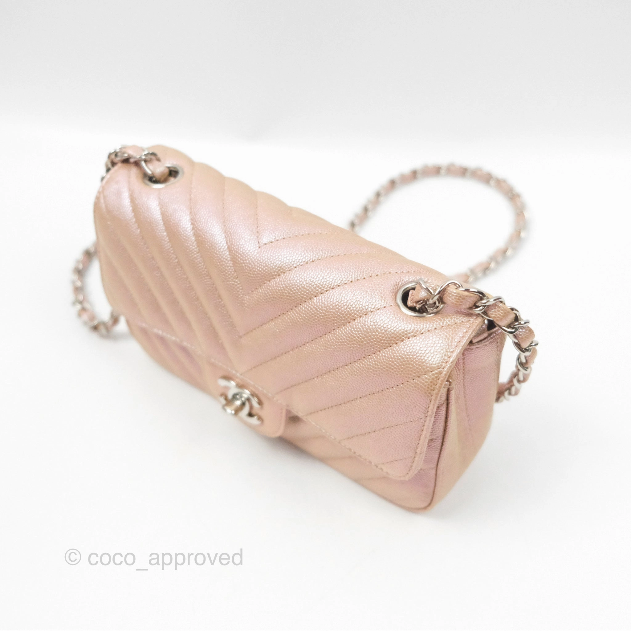 Chanel Chevron Mini Rectangular Flap Iridescent Rose Gold Caviar Ruthenium Hardware 17B