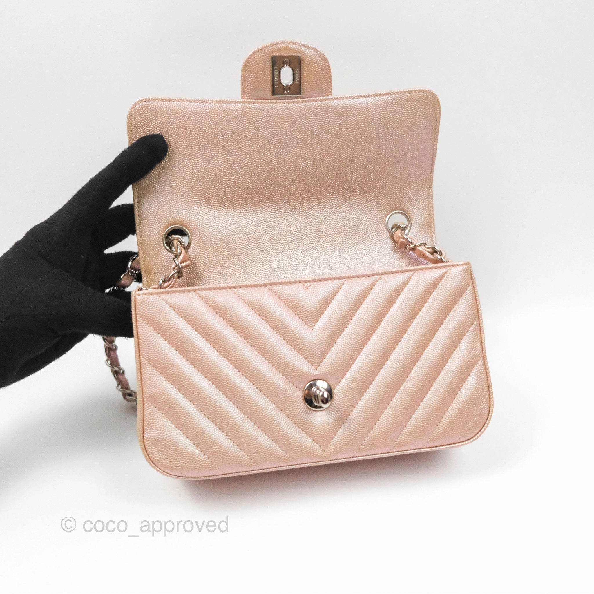 Chanel Chevron Mini Rectangular Flap Iridescent Rose Gold Caviar Ruthenium Hardware 17B
