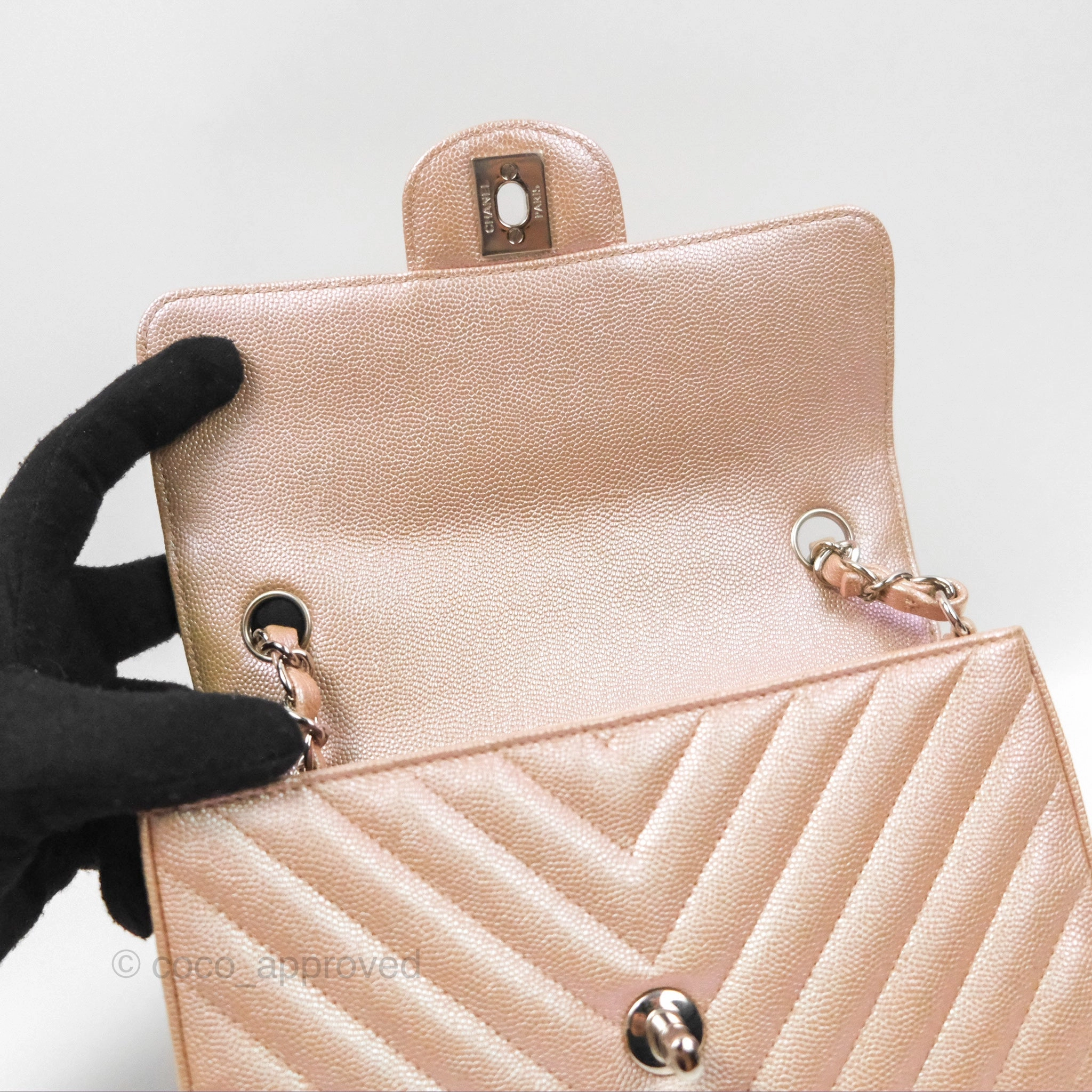 Chanel Chevron Mini Rectangular Flap Iridescent Rose Gold Caviar Ruthenium Hardware 17B