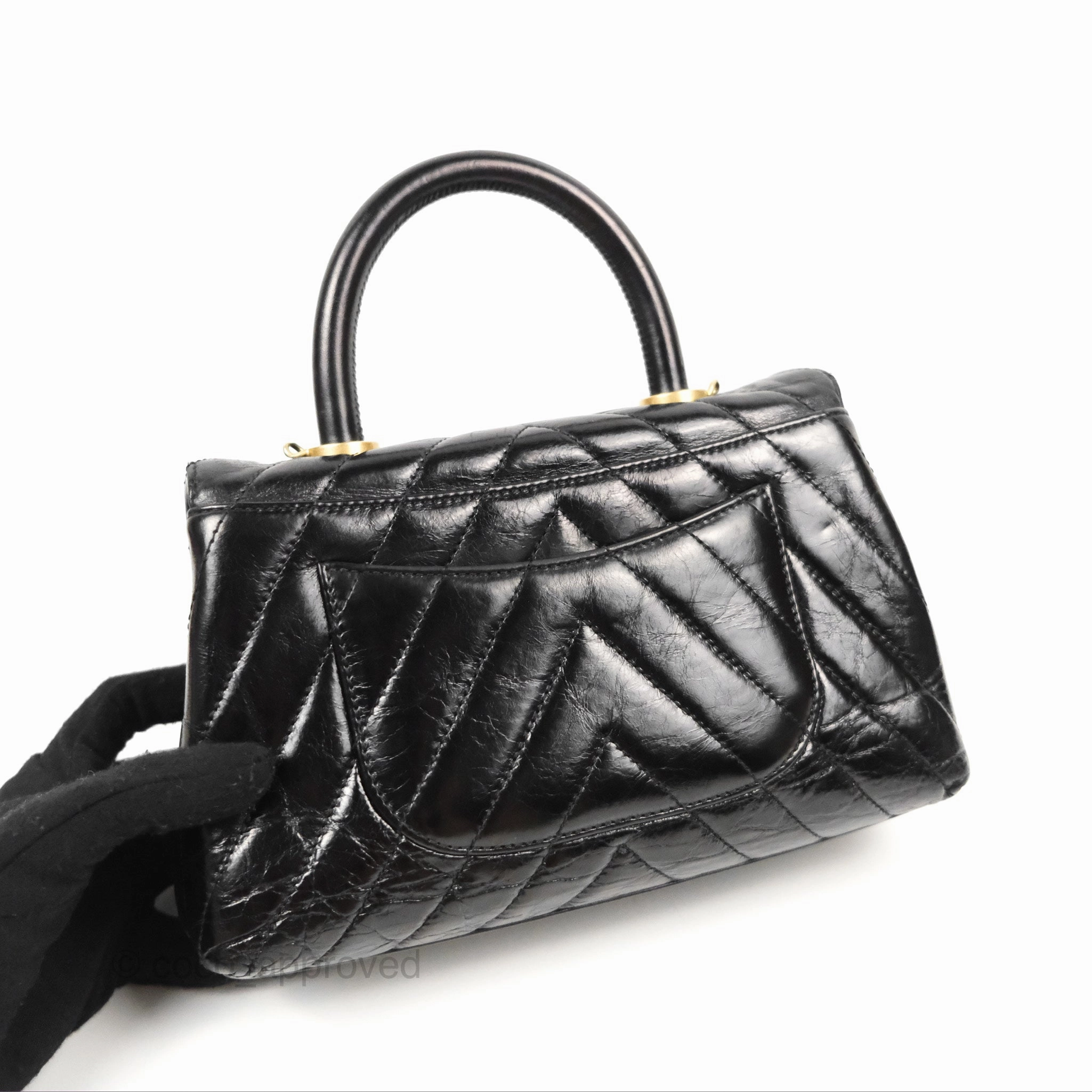 Chanel Chevron Small Coco Handle Black Shiny Aged Calfskin Aged Gold Hardware's