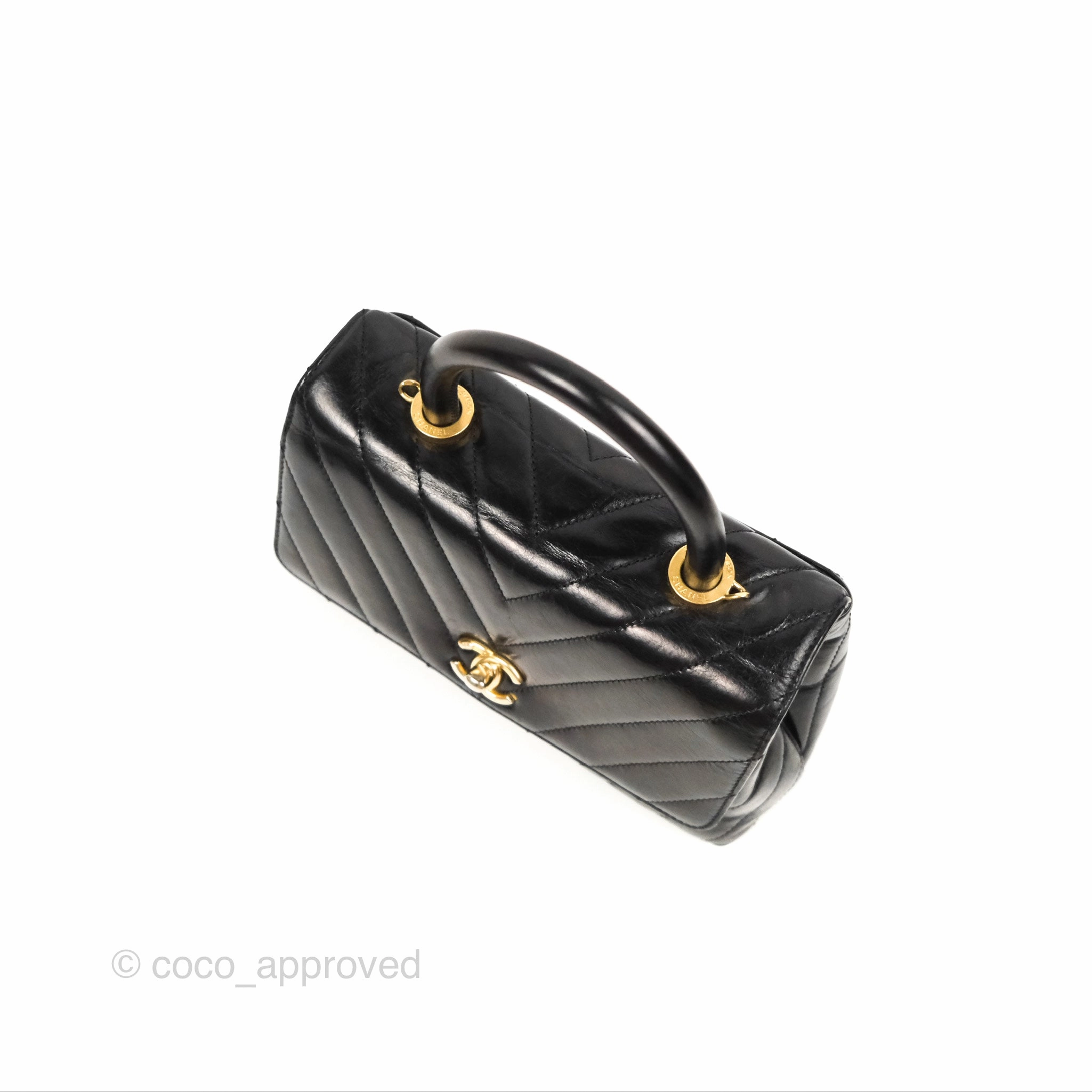 Chanel Chevron Small Coco Handle Black Shiny Aged Calfskin Aged Gold Hardware's