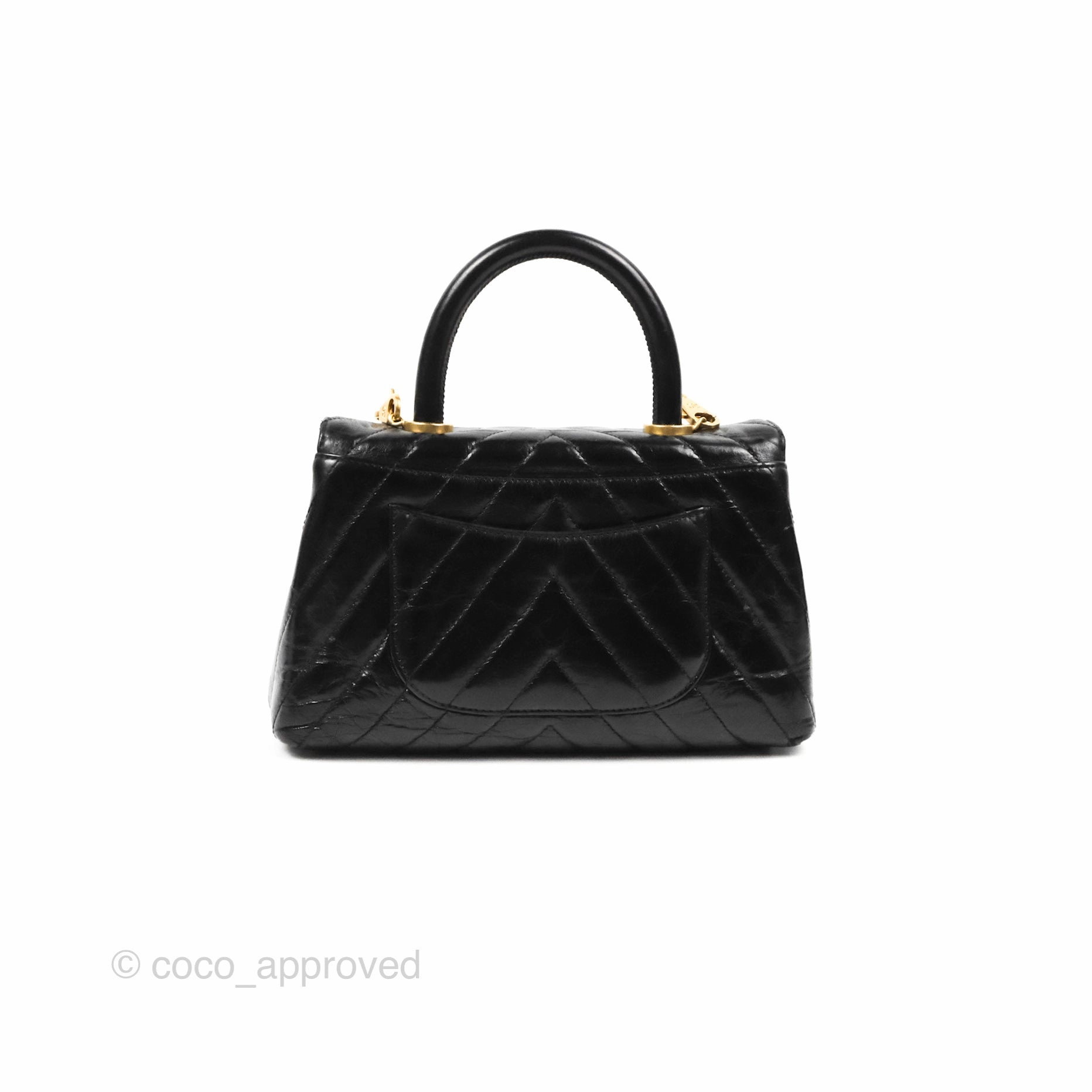 Chanel Chevron Small Coco Handle Black Shiny Aged Calfskin Aged Gold Hardware's