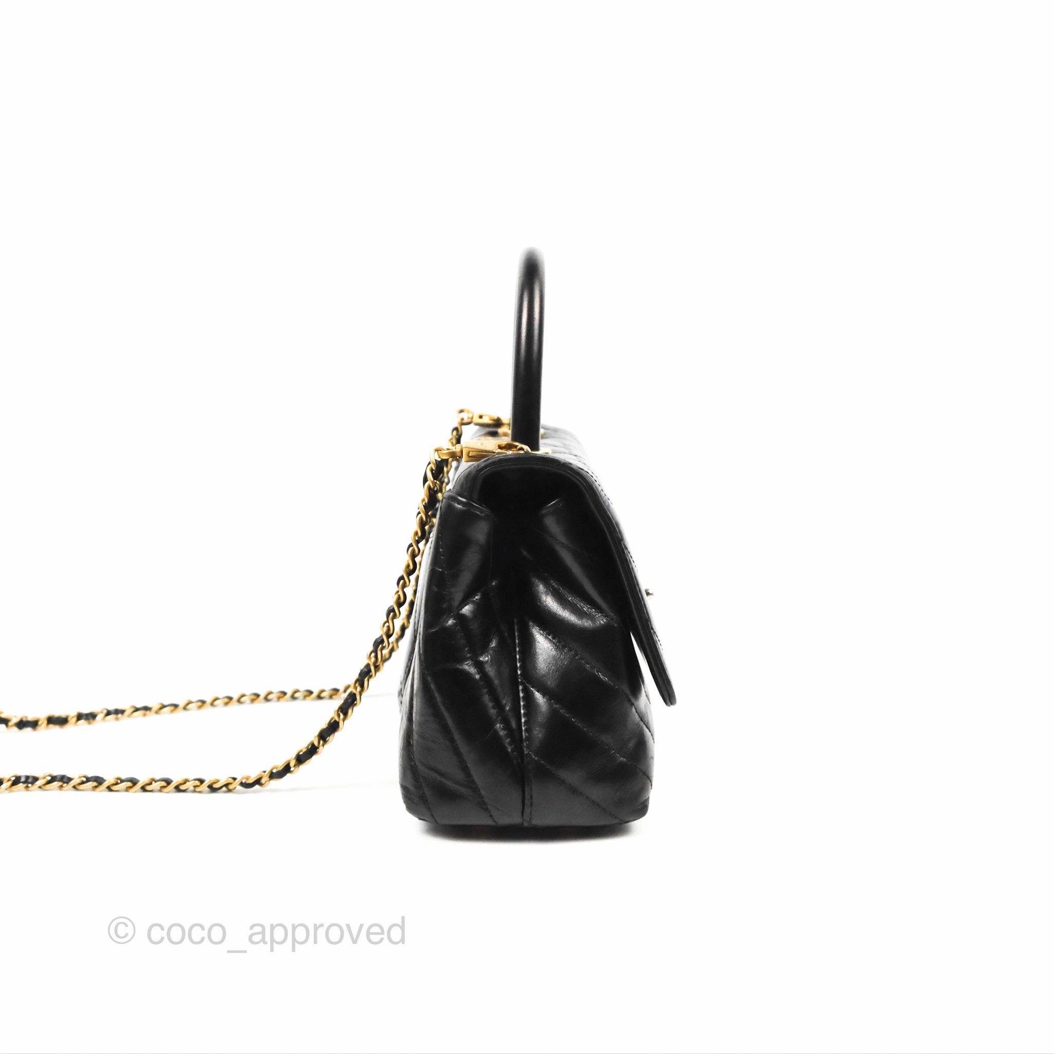 Chanel Chevron Small Coco Handle Black Shiny Aged Calfskin Aged Gold Hardware's